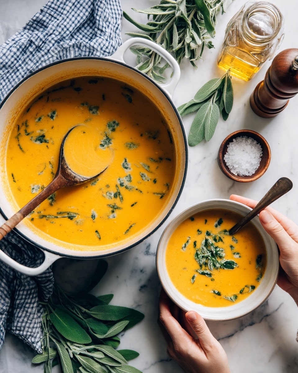 A thick bright orange soup with green herb pieces is being spooned from a white pot into a white bowl. The soup looks smooth and creamy with small bits of herbs floating on top. A woman's hand holds the wooden ladle with light brown handle pouring the soup, while another woman's hand holds the bowl. The pot is placed on a white marbled surface, next to a blue and white checked cloth, a small wooden bowl with salt, a bunch of fresh green sage leaves, and a small glass bottle of oil. A wooden pepper grinder is also in the background. The person wearing a textured grey sweater is partially visible from the chest down. Photo taken with an iphone --ar 4:5 --v 7