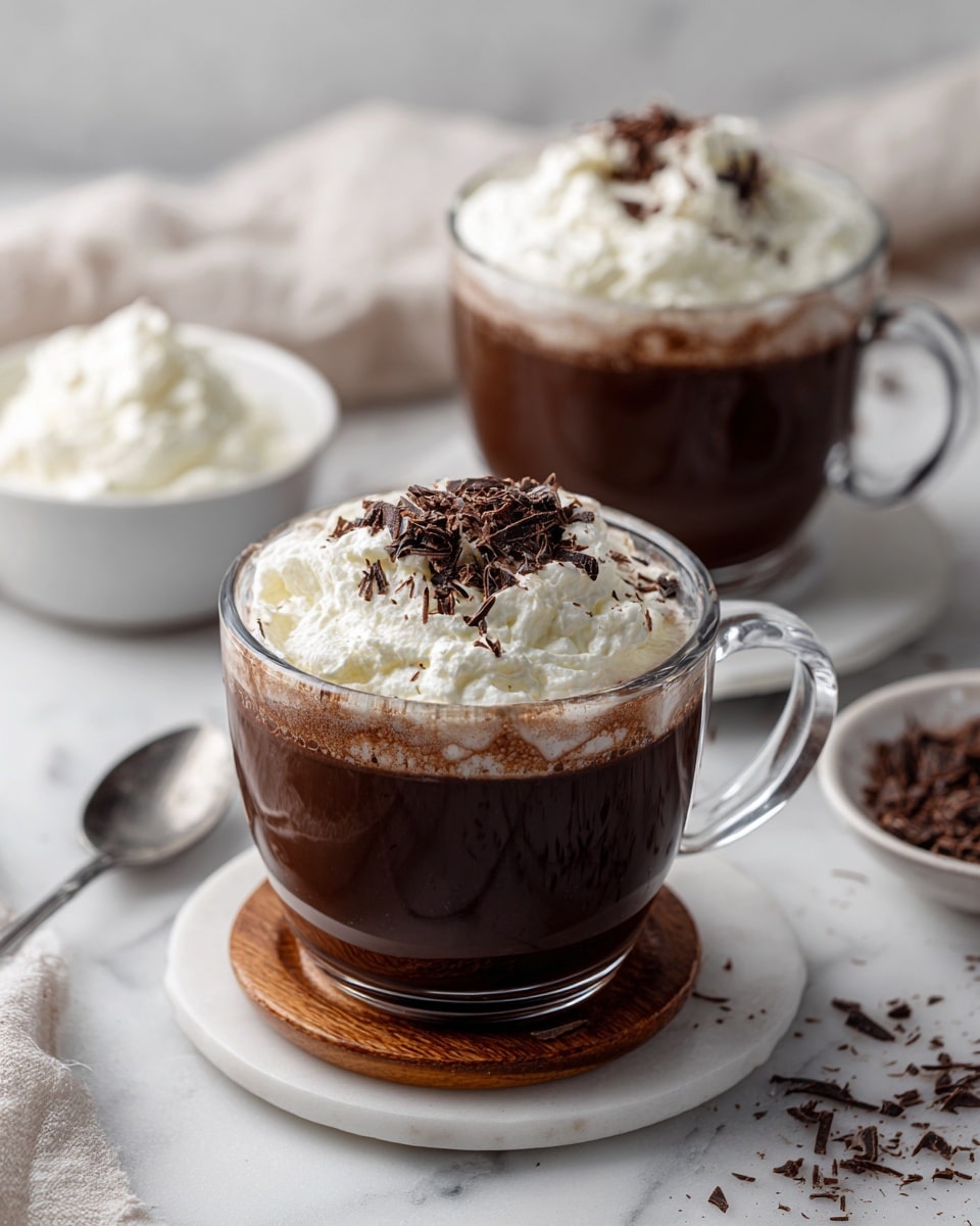 The image shows two clear glass mugs filled with rich brown hot chocolate topped with fluffy white whipped cream and sprinkled with dark chocolate shavings. Each mug is placed on a wooden coaster, sitting on a white marbled surface. In the foreground, a small white plate holds a pile of dark chocolate pieces, and nearby a silver spoon rests with some whipped cream and chocolate on it. In the background, a clear glass bowl is filled with smooth white whipped cream, adding a light touch to the scene. Photo taken with an iphone --ar 4:5 --v 7