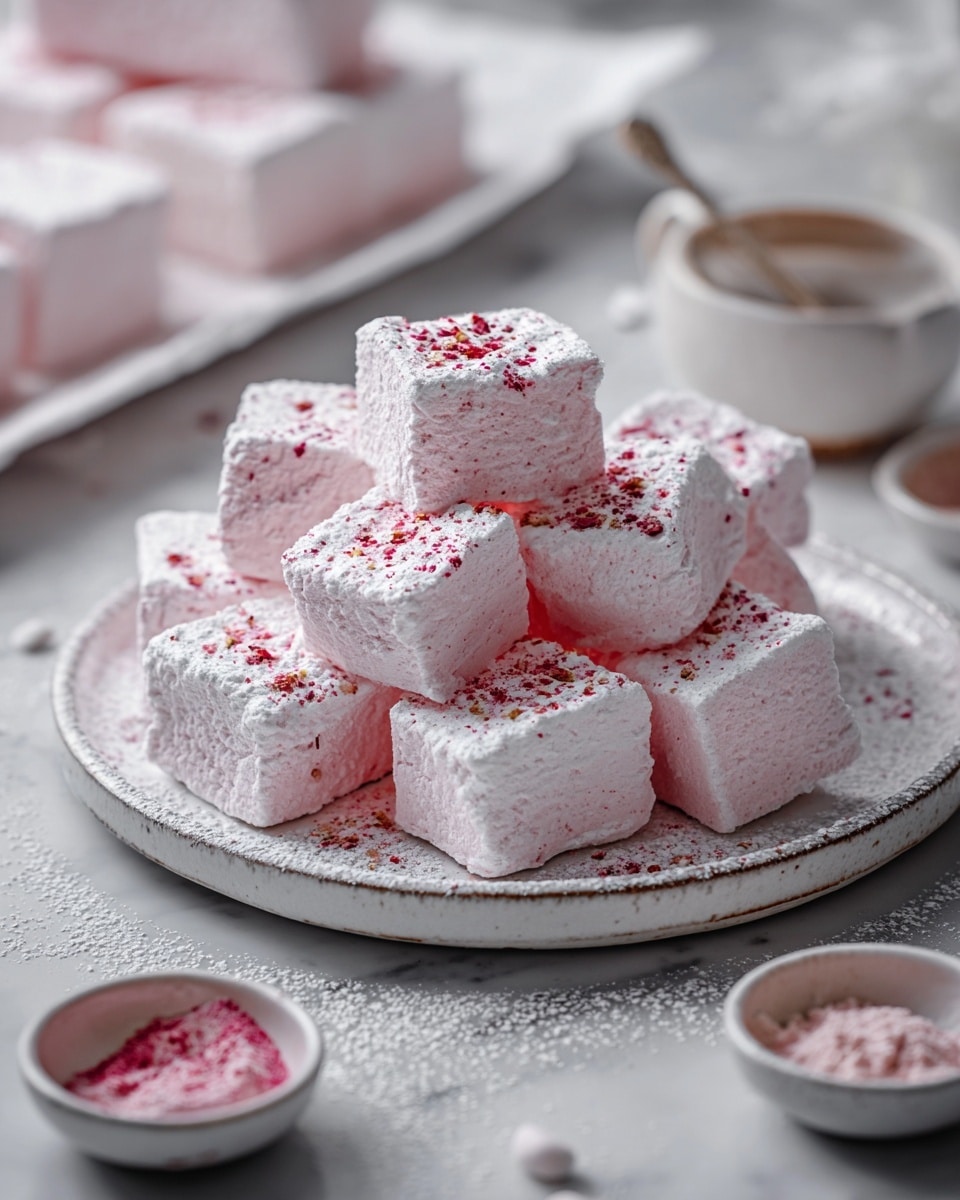 The image shows a white plate filled with pale pink marshmallow cubes that have a soft, spongy texture, lightly dusted with white powdered sugar and a sprinkle of red powder on top. The cubes are stacked loosely in the center of the plate. In the blurry background, there are longer pink marshmallow pieces on a tray, with a small white bowl of red powder and a small black bowl of white powder nearby. The whole scene is set on a white marbled surface, with a gray cloth subtly placed on the right side. photo taken with an iphone --ar 4:5 --v 7