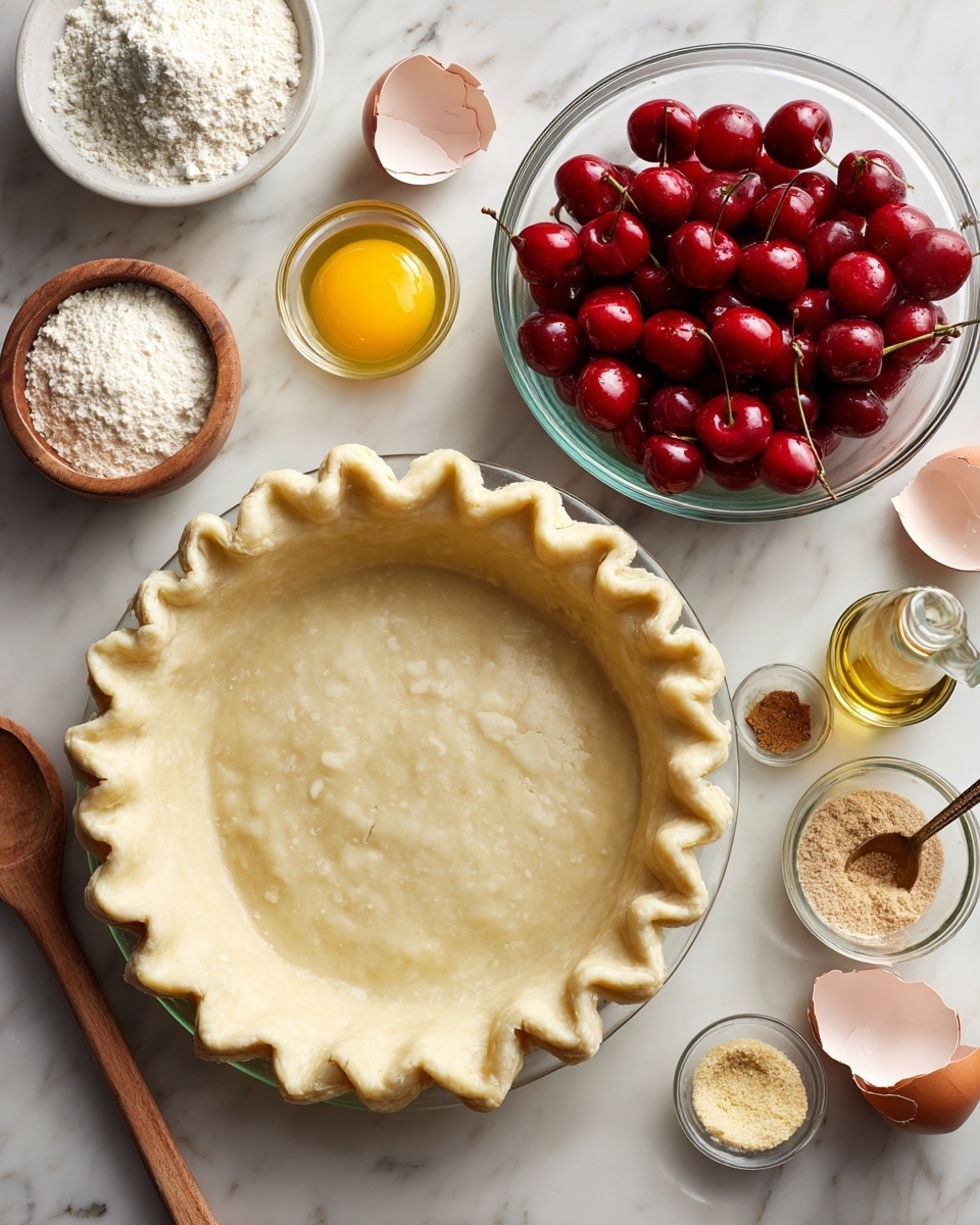 A clear glass pie dish is filled with an unbaked pie crust that has uneven, fluted edges, placed on a white marbled surface. To the right of the crust, a large clear bowl is filled with bright red whole cherries, with a wooden spoon resting inside. Above the pie crust, there's a small glass bowl holding a raw yellow egg yolk. Surrounding these main items are small bowls and containers holding various ingredients: a round wooden bowl with white powder, a small clear bowl with light yellow granulated sugar, another small glass bowl with brown sugar, a tiny container of ground spice, a small clear jug of light yellow oil, and a glass jar with a dark liquid. There are also three measuring spoons and broken eggshells near the egg yolk. Photo taken with an iphone --ar 4:5 --v 7