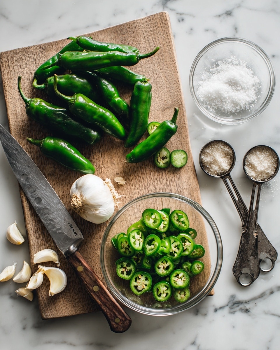 The image shows a wooden cutting board on a white marbled surface. On the board, there is a pile of whole green chili peppers and one peeled garlic bulb with some garlic cloves around it. A metal knife with a wooden handle lies on the board, next to many sliced green chili rings scattered and inside a small clear glass bowl. To the right, there are three metal measuring spoons with sugar granules in one and water in another. The whole scene looks like fresh ingredients ready for cooking. photo taken with an iphone --ar 4:5 --v 7