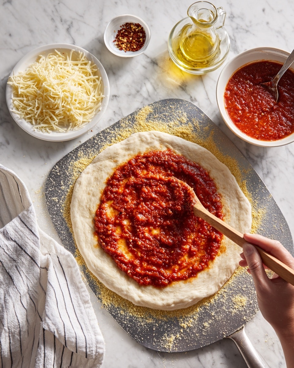 A round pizza dough sits on a silver pizza peel dusted with flour, spread out thin and smooth with a slightly uneven edge. Three thick layers of bright red tomato sauce are being spread across the dough from the center outward by a wooden spoon held by a woman's hand. To the top left, a small clear glass bowl of shredded white cheese, a small white bowl filled with red chili flakes, and a clear glass bottle of golden olive oil are arranged neatly on a white marbled surface. To the right side, there is a square white bowl filled with chunky red tomato sauce. A gray and white striped cloth is partially visible on the bottom right corner. Photo taken with an iphone --ar 4:5 --v 7