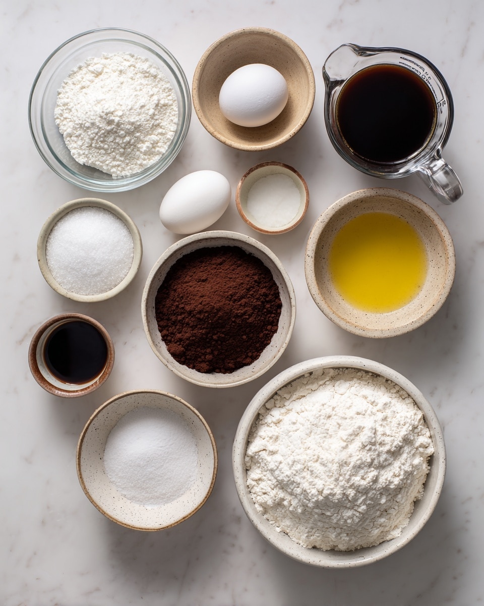 The image shows a flat lay of baking ingredients arranged neatly on a white marbled surface. There are ten containers: a large clear glass bowl at the bottom right filled with white flour, a glass measuring cup with white buttermilk on the bottom left, a small beige bowl holding a white egg just above the buttermilk, a clear glass measuring cup with dark hot coffee to the right of the egg, a beige bowl in the center with dark brown cocoa powder, a small white speckled bowl with dark brown vanilla extract above the cocoa, a small beige bowl with white baking powder at the top left, a small beige bowl with white baking soda at the top right, a beige bowl holding white salt to the right of vanilla, and a shallow white bowl with light yellow oil to the left of the cocoa powder. Lastly, a white bowl with white sugar is positioned to the left of the egg. All items are labeled with bold black text above or on them. photo taken with an iphone --ar 4:5 --v 7
