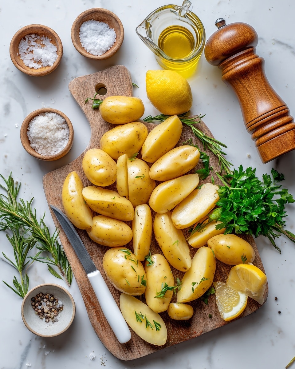 The image shows many small yellow potatoes with smooth skins, some whole and some sliced into thick wedges placed on a wooden cutting board. A sharp knife with a white handle rests on the board among the potatoes. Near the potatoes, there is a half lemon and some bright green fresh parsley and rosemary sprigs. Around the board, there are small bowls with coarse salt and garlic powder, a clear glass lemon juicer with a lemon, and a glass jar of olive oil. A wooden pepper grinder stands on the white marbled surface. A woman's hand is not visible here. The whole scene is set on a clean white marbled background, looking fresh and ready for cooking. photo taken with an iphone --ar 4:5 --v 7