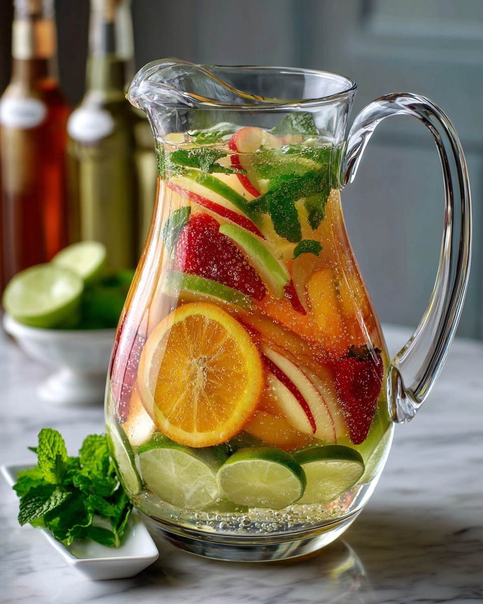 A clear glass pitcher filled with a colorful drink showing three layers of fruit slices inside—the bottom layer has orange slices with bright orange and yellow colors, the middle layer has red strawberries with a rough texture, and the top layer has green lime slices with light green edges; the pitcher is placed on a white marbled surface with condensation drops on its outside, and in the background, a white bottle and a brown glass bottle are slightly blurred, along with half a grapefruit on the right; a small white dish with green mint leaves sits near the pitcher. photo taken with an iphone --ar 4:5 --v 7