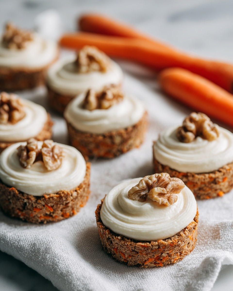 The image shows several round carrot cake cookies with two visible layers. The bottom layer is a rough-textured, brownish-orange cookie that looks soft and crumbly. On top of each cookie is a thick, creamy white swirl of frosting, with a smooth and fluffy texture. Each frosting swirl is topped with small pieces of light brown walnut halves, adding a crunchy detail. The cookies are placed on a white cloth that lies on a white marbled surface. In the background, some small orange carrots are slightly blurred. Photo taken with an iphone --ar 4:5 --v 7
