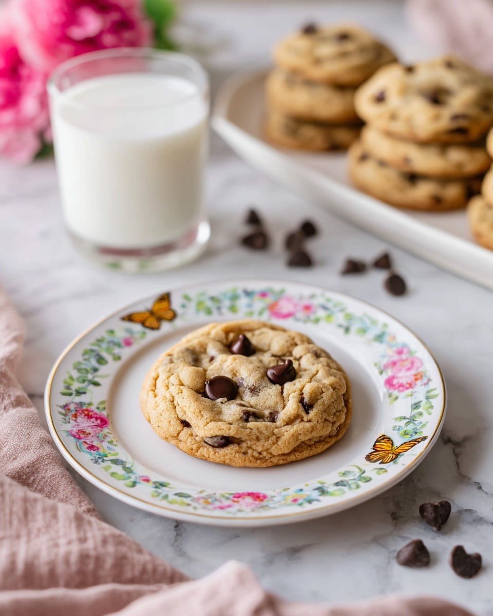 A single large chocolate chip cookie with a light golden-brown color and soft texture sits in the center of a white plate decorated with colorful butterflies and birds. Behind it, a long white plate holds a stack of similar cookies, all with visible dark chocolate chips. To the right of the plate with the cookie, there is a clear glass filled with white milk. The scene is set on a white marbled surface with a pink cloth partially tucked under the plate. A few chocolate chips are scattered near the foreground. Photo taken with an iphone --ar 4:5 --v 7