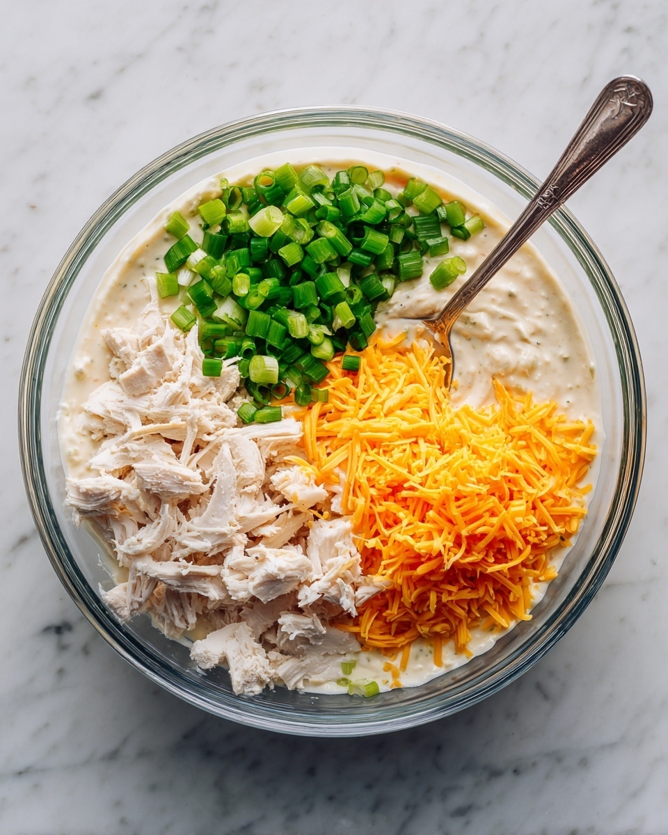 A clear glass bowl sits on a white marbled surface, filled with four main layers of ingredients. The bottom layer is light cream-colored and creamy in texture. On top of this, there are three separate sections: finely chopped green onions on the upper left, a pile of shredded white chicken pieces at the lower left, and bright orange shredded cheese on the right. A silver spoon rests in the cheese section, ready for mixing. The colors contrast well, with green, white, and orange clearly visible against the creamy base photo taken with an iphone --ar 4:5 --v 7