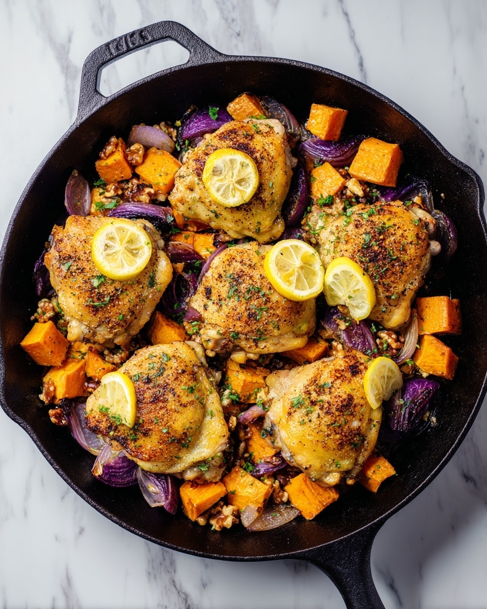 A black cast iron pan filled with five golden brown roasted chicken pieces topped with finely chopped nuts and fresh green herbs. Around the chicken, there are bright orange cubed sweet potatoes and large chunks of roasted purple onions, all sprinkled with dark seasoning flakes. Two slices of lemon rest on top of two chicken pieces, adding a pop of yellow. The dish sits on a white marbled surface with a green herb garnish blurred in the background. Photo taken with an iphone --ar 4:5 --v 7