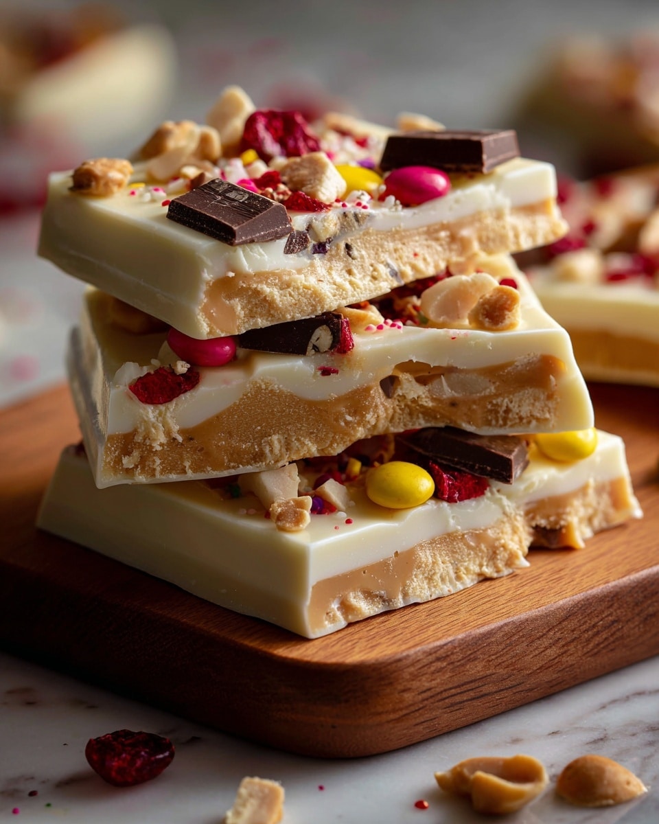 A stack of three pieces of white chocolate bark with three visible layers: the bottom and top layers are smooth white chocolate, the middle layer is creamy peanut butter in a light brown shade with a slightly rough texture. The bark pieces are topped with small colorful bits including red and yellow candy-coated chocolates, and dark chocolate chunks, some of which are halved showing their colorful centers. The bark is placed on a wooden board with a white marbled surface visible in the background. photo taken with an iphone --ar 4:5 --v 7