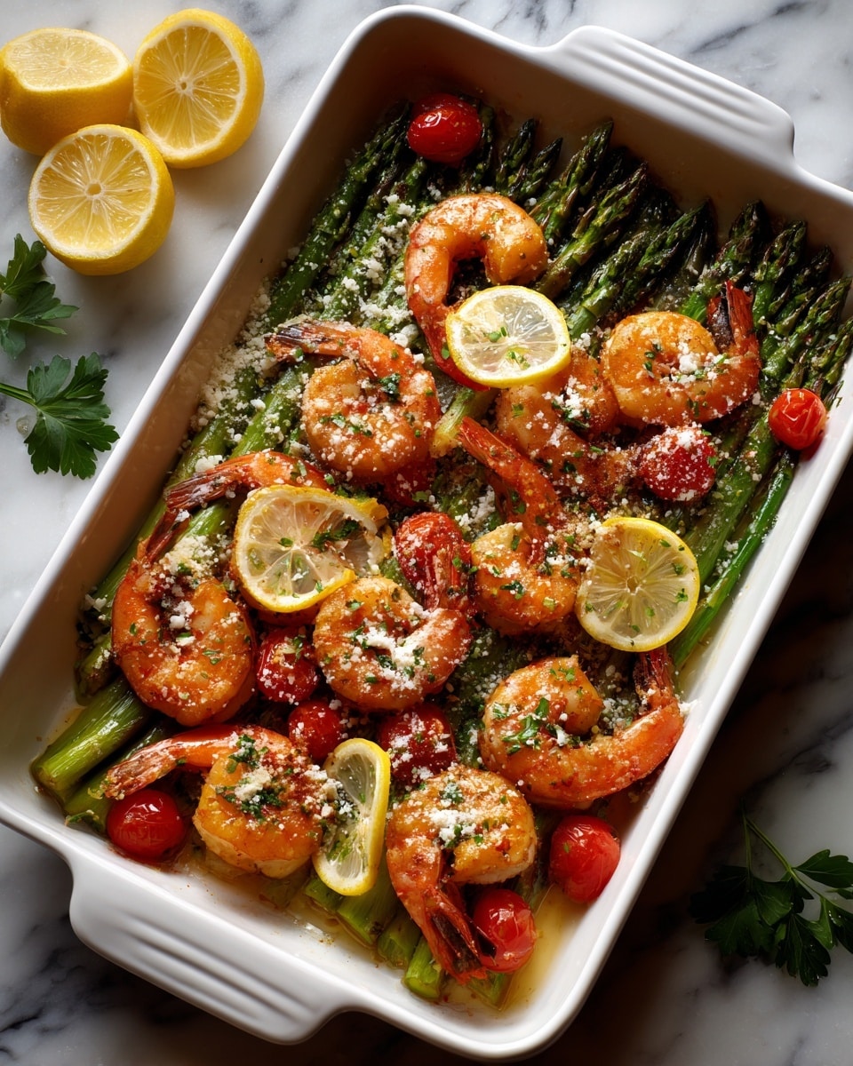 A white baking tray is filled with layers of green asparagus spears as the base, topped with bright red cherry tomatoes scattered evenly around. On top of the vegetables, there are many cooked shrimp with a light orange color, arranged all over the tray. Thin lemon slices are placed in several spots, adding a yellow and white touch. The dish is sprinkled with white shredded cheese and small bits of green herbs, giving a fresh look. The tray is set on a white marbled surface with some parsley, lemon halves, and small bowls of seasoning nearby. Photo taken with an iphone --ar 4:5 --v 7