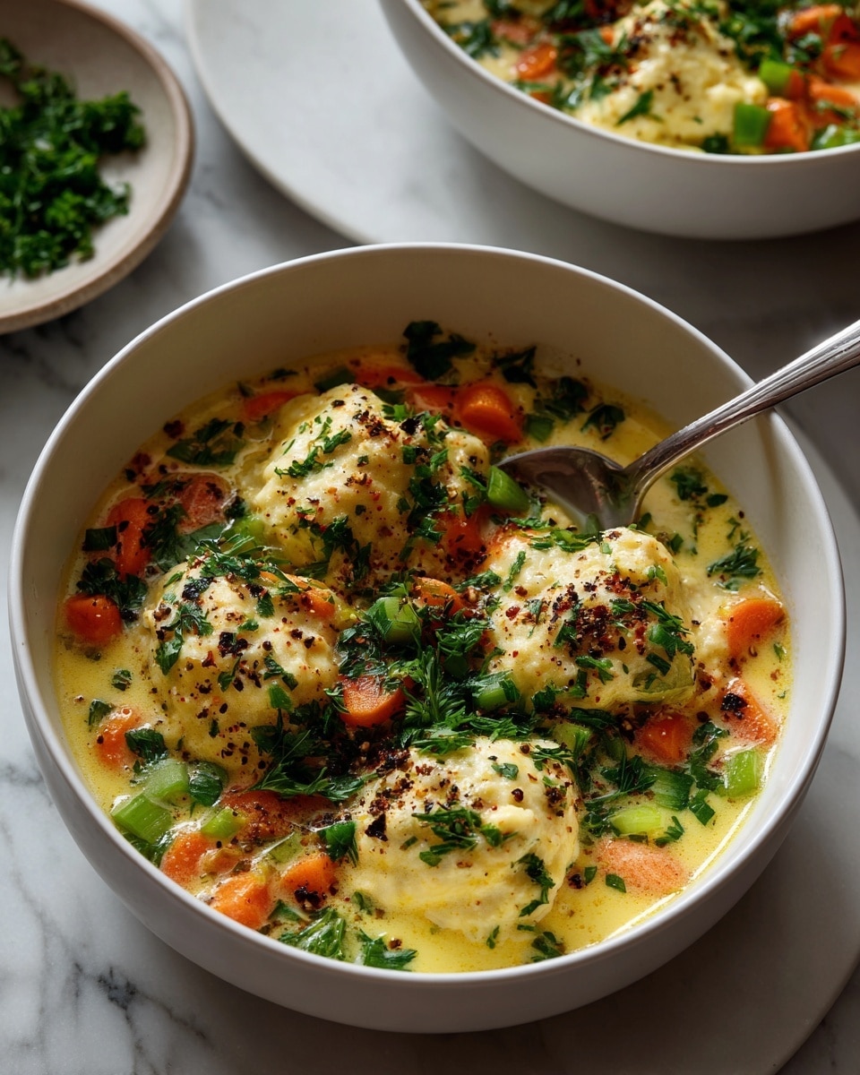 The image shows a white bowl filled with a creamy soup that has three main layers: a pale yellow broth base, orange carrot slices and light green celery pieces scattered through the soup, and round beige chickpeas adding texture all over. Two fluffy light yellow dumplings with a soft texture float on the surface, partly covered with chopped green herbs. A silver spoon rests inside the bowl with its handle extending out, sitting on a white marbled table with some green herb bits scattered around. The top edge of another white bowl with the same soup appears on the upper right side. photo taken with an iphone --ar 4:5 --v 7