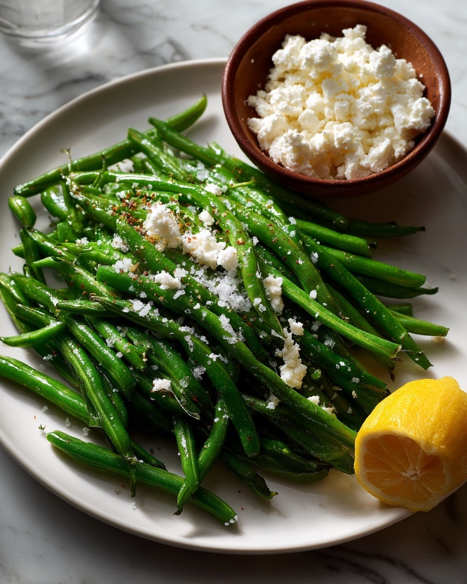 A white plate holds a pile of bright green beans covered with a light sprinkle of white salt, the beans arranged in a loose, natural heap. Above the plate to the right, there is a small white bowl filled with crumbly white cheese. To the bottom right of the plate, half of a yellow lemon is visible. The background is a white marbled texture. Photo taken with an iphone --ar 4:5 --v 7