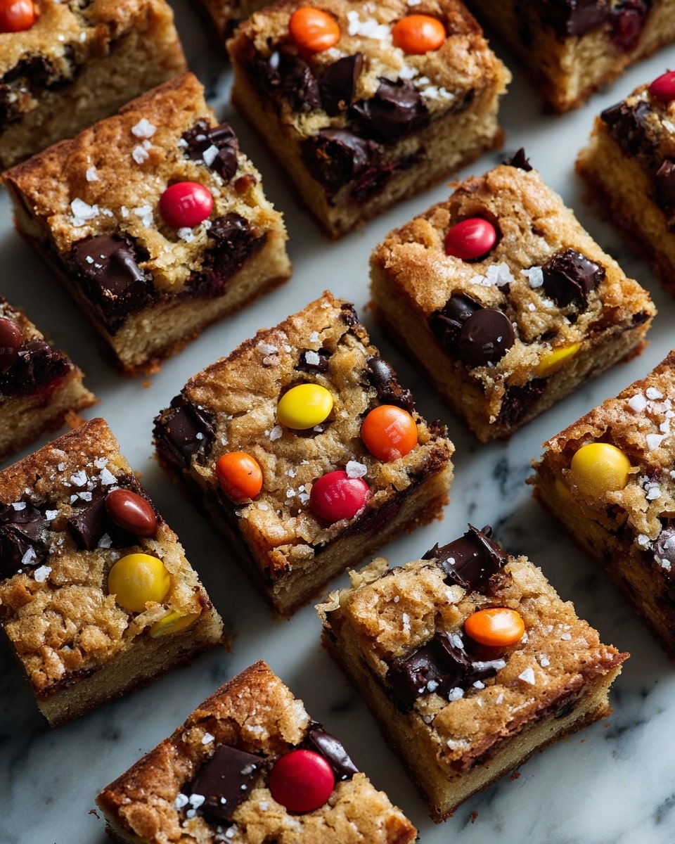 The image shows fourteen square cookie bars arranged in a grid on a white marbled surface. Each cookie bar has a golden-brown top layer with visible chunks of chocolate pieces and colorful candy-coated chocolates scattered throughout. The texture on top looks slightly soft and cracked, highlighting the melted chocolate embedded in the cookie. There is a subtle sprinkle of coarse salt visible on some pieces, adding a slight sparkle. The cookie bars appear thick with a dense cookie dough base holding the toppings evenly. The photo taken with an iphone --ar 4:5 --v 7