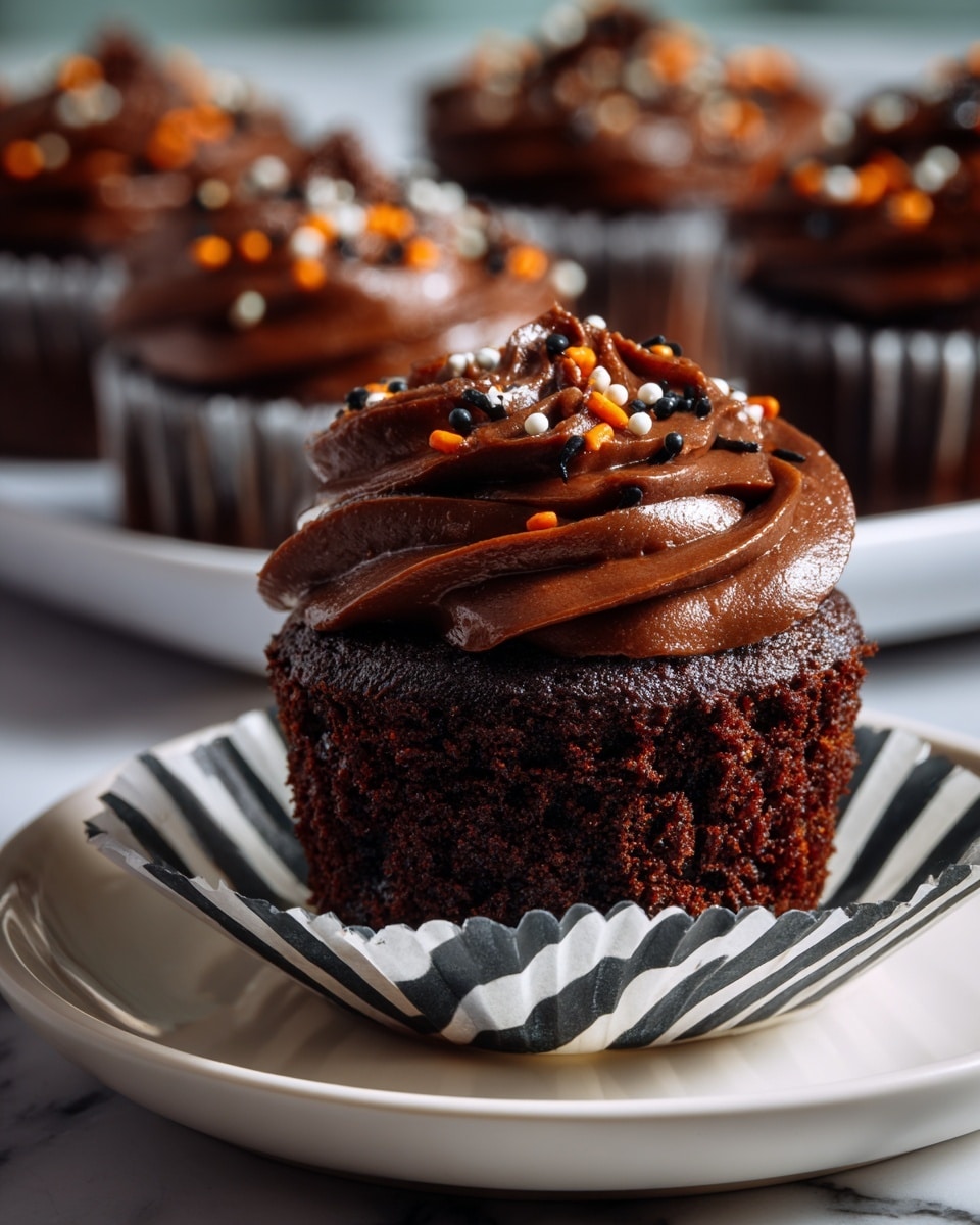 The image shows a dark chocolate cupcake with two main layers: the bottom layer is a moist, crumbly dark chocolate cake, and on top is a thick swirl of rich dark chocolate frosting. The frosting has a smooth texture with slight glossy highlights and is decorated with small round sprinkles in orange, white, and black colors. The cupcake wrapper is black and white striped, and the cupcake sits on an unwrapped paper liner on a white plate. The background is a bright white marbled surface with blurred similar cupcakes in the back, giving depth to the scene. Photo taken with an iphone --ar 4:5 --v 7