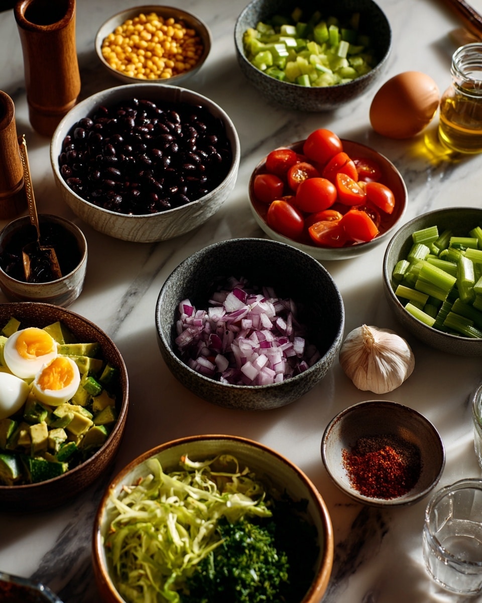 The image shows a top view of multiple small bowls arranged on a white marbled surface, each filled with different fresh ingredients. One bowl contains dark black beans, another yellow split peas, and a small bowl holds halved red cherry tomatoes. A bowl of chopped green celery sits near a bowl of chopped red onions. There is a bowl with diced avocado pieces and another with shredded leafy greens. A bowl features a halved boiled egg placed on top of yellow split peas and chopped green celery. Small containers hold salt, a reddish spice mix, olive oil, and a dark sauce. There is also a small garlic bulb near the center. The lighting comes from the side, casting soft shadows. photo taken with an iphone --ar 4:5 --v 7