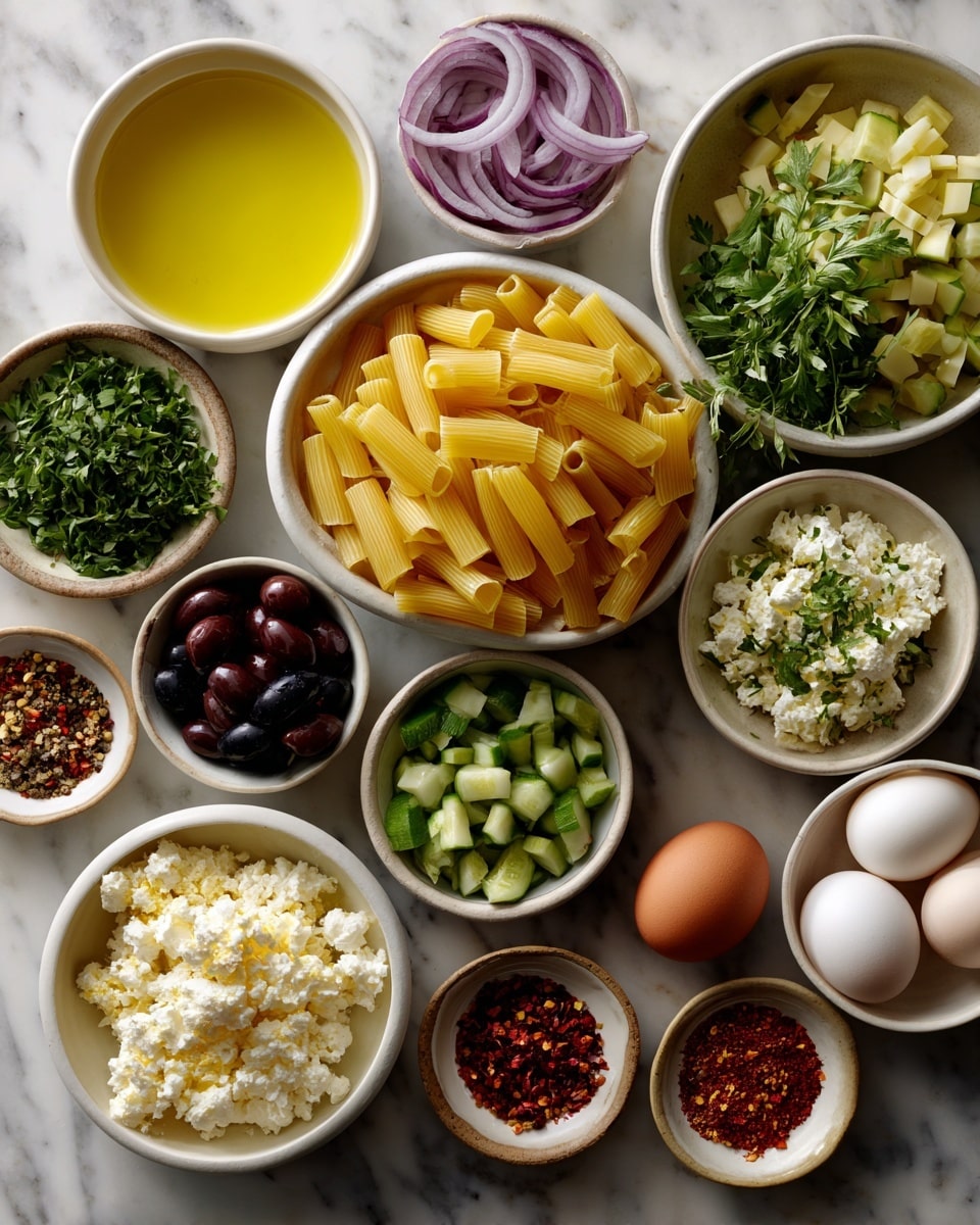 The image shows many small white bowls on a white marbled surface, each holding different ingredients for a meal. Starting from the top left, there is a bowl with yellow olive oil. Next to it on the right is a bowl with thin purple slices of onion. Below the oil, there is a larger bowl filled with uncooked yellow pasta tubes. Near the center, several bowls contain white crumbled cheese, chopped green cucumber pieces, chopped fresh green herbs, whole green olives, white cubed cheese, black olives, and three white eggs in one bowl. Two small bowls have red chili flakes and mixed black, white, and red ground spices. A single brown egg is in another small bowl near the center bottom. The bowls are arranged densely, showing a colorful mix of red, green, yellow, white, and black foods. Photo taken with an iphone --ar 4:5 --v 7
