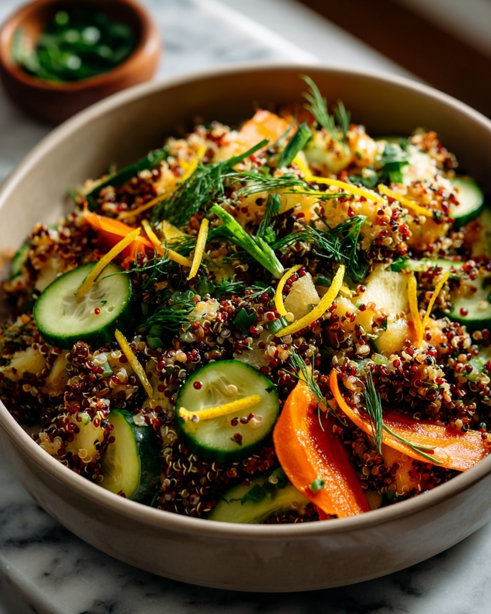 A large round white bowl on a white marbled surface is filled with three main layers of a colorful quinoa salad. The bottom layer is a mix of small red, white, and yellow quinoa grains that look fluffy and light. On top of this is an even spread of thinly sliced cucumber rounds with dark green edges and bright orange carrot slices cut into thin, curved strips. Scattered throughout the salad are small green pieces of fresh herbs and thin lemon peel curls adding a pop of yellow. The textures range from crunchy vegetables to the soft, grainy quinoa, with the salad full and heaping toward the edges. A woman's hand holds the bowl on the side. Photo taken with an iphone --ar 4:5 --v 7