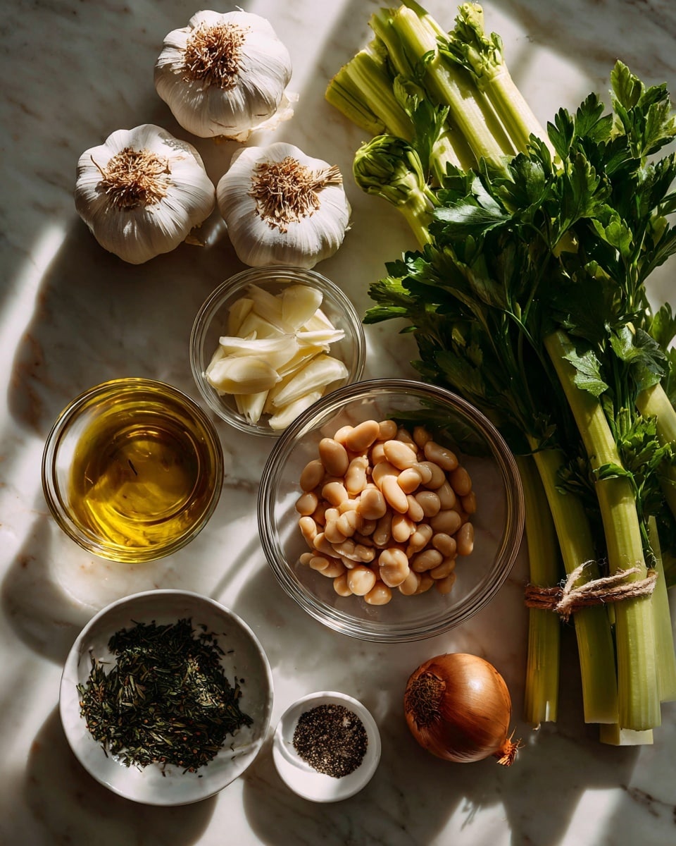 The image shows a white marbled surface with fresh cooking ingredients arranged in a loose circular pattern. There are two heads of garlic with white skins on the left side, a few celery stalks with light green and pale white bases beside them, and a bunch of fresh green parsley on the right side tied with string. In the middle are three clear glass bowls: one filled with light beige white beans, one with golden yellow olive oil, and another with thin slices of white garlic. Below the bowls is a small white bowl holding dark green dried herbs, and next to it, a small round brown onion. Near the center is a small garlic clove. A small white bowl with black pepper completes the setup near the top. The light shines softly from one side, creating gentle shadows and highlighting textures. Photo taken with an iphone --ar 4:5 --v 7