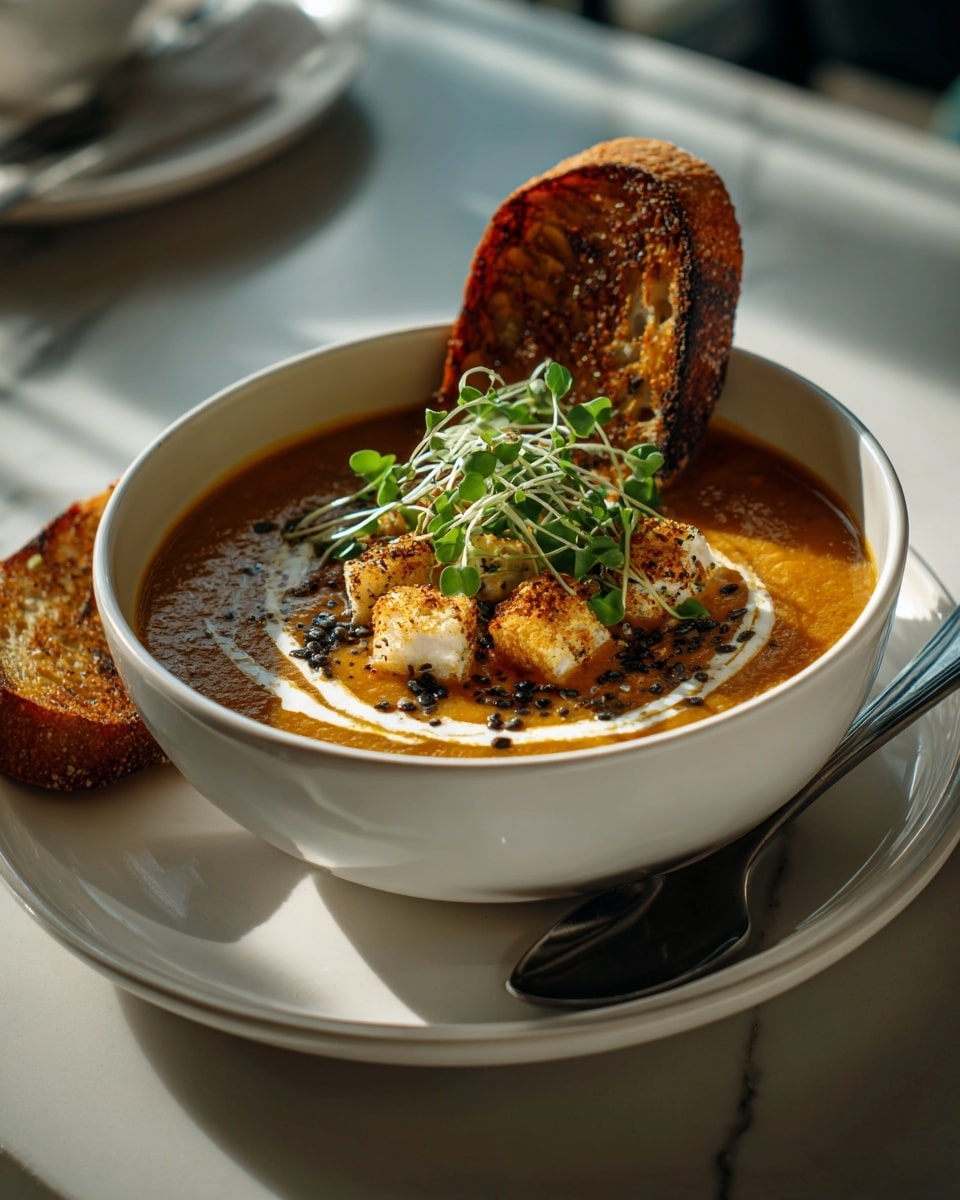 A white bowl filled with smooth beige soup sits on a white marbled surface. The soup has a light swirl of cream on top, sprinkled with black pepper and seeds. In the center, there are small golden croutons and white beans, garnished with fresh green microgreens. A piece of toasted bread with a crispy, golden brown texture leans against the side of the bowl, and another piece rests on the white plate under the bowl. A silver spoon lies beside the bowl on the plate. photo taken with an iphone --ar 4:5 --v 7
