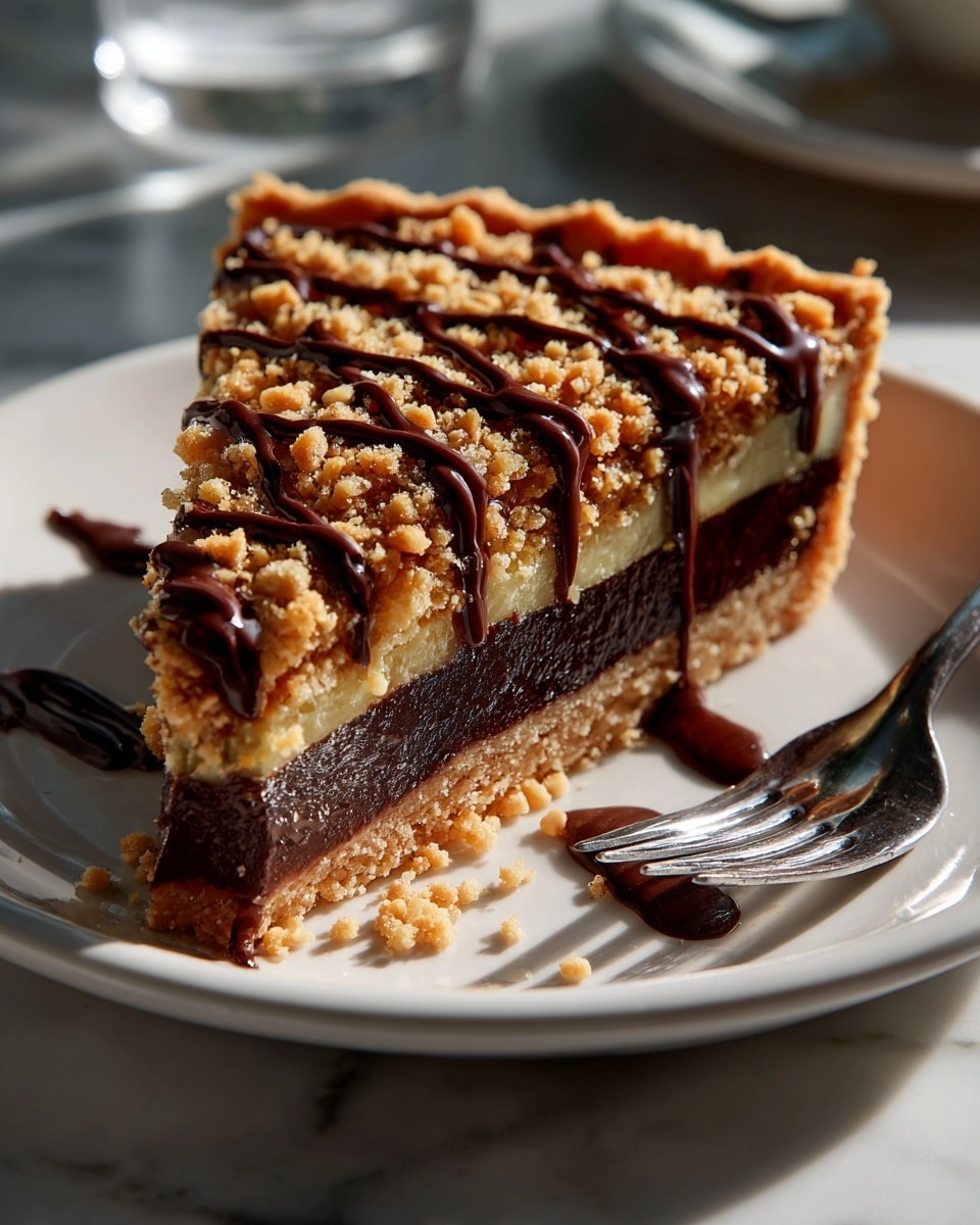 A single slice of pie with three distinct layers sits on a white plate over a white marbled surface. The bottom layer is a pale, crumbly crust, while the middle layer is a thick, dark chocolate filling. The top layer is a golden, sticky mix of nuts and oats, drizzled with thick, dark chocolate in three broad stripes running diagonally across the slice. Crumbs from the crust are scattered near the slice, and a silver fork rests beside it on the plate. Photo taken with an iphone --ar 4:5 --v 7