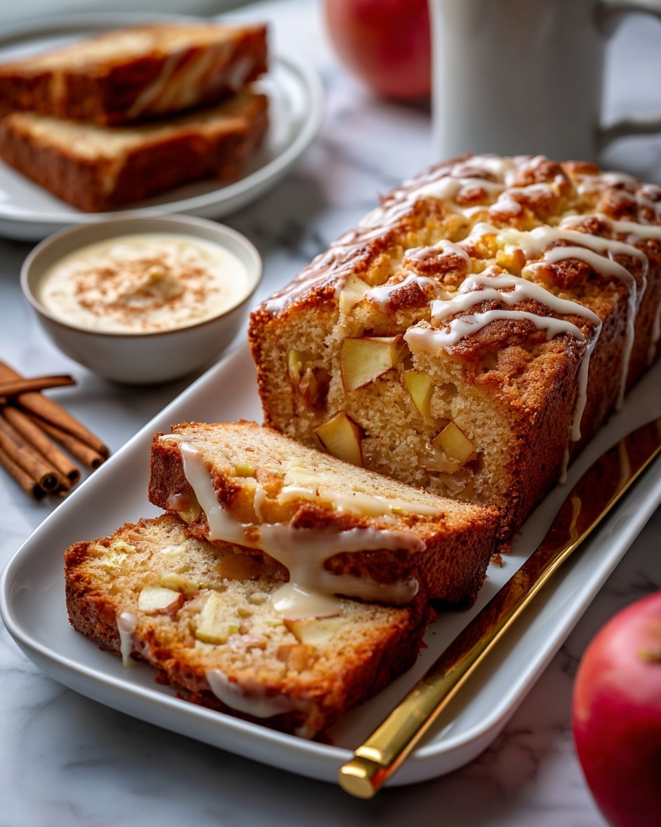 A rectangular loaf cake sits centered on a white marbled surface, topped with thick creamy white icing that drips down the sides in uneven streams. The cake itself is golden brown with a textured crumb filled with small bits of apple or nuts. On top of the icing, there are scattered pecan halves adding a crunchy element. Behind the cake, there is a soft white cloth with green apples stacked on it. Nearby on the surface, there are loose pecans, cinnamon sticks, and wedges of green apple arranged casually. A whisk with some of the creamy icing clings to its wires, lying on the right side, complementing the warm, inviting presentation. photo taken with an iphone --ar 4:5 --v 7