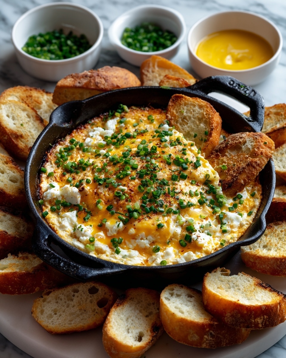 A round cast iron skillet filled with a baked dip layered with melted yellow and white cheese on top, sprinkled with chopped green onions. The dip has a creamy texture with visible bits of orange and white inside. The skillet sits on a white marbled surface, surrounded by toasted small white bread slices arranged around it. Nearby are small white bowls filled with more chopped green onions and a smooth yellow sauce. The scene shows a cozy and inviting appetizer setting with warm colors and fresh green accents. Photo taken with an iphone --ar 4:5 --v 7