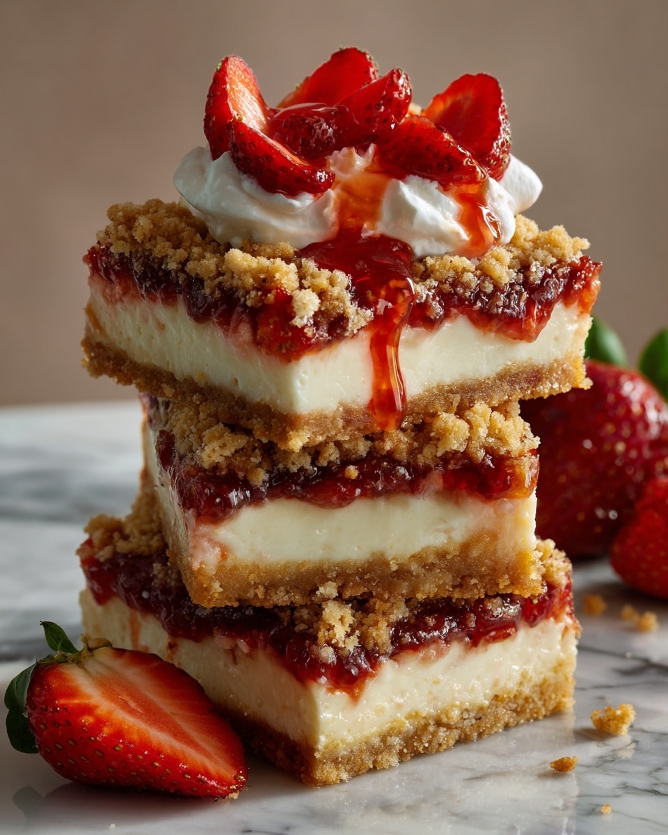 A stack of three cheesecake bars sits on a white marbled surface, each bar showing four clear layers: a golden brown crumb crust at the bottom, a thick smooth cream cheese layer in pale yellow, a bright red strawberry jam layer, and a crumbly brown streusel topping on top. The top bar is garnished with white whipped cream and several sliced, shiny red strawberries, with some strawberry juice dripping down the sides. A single half strawberry rests at the bottom right of the stack. The background is a soft, neutral tone. Photo taken with an iphone --ar 4:5 --v 7