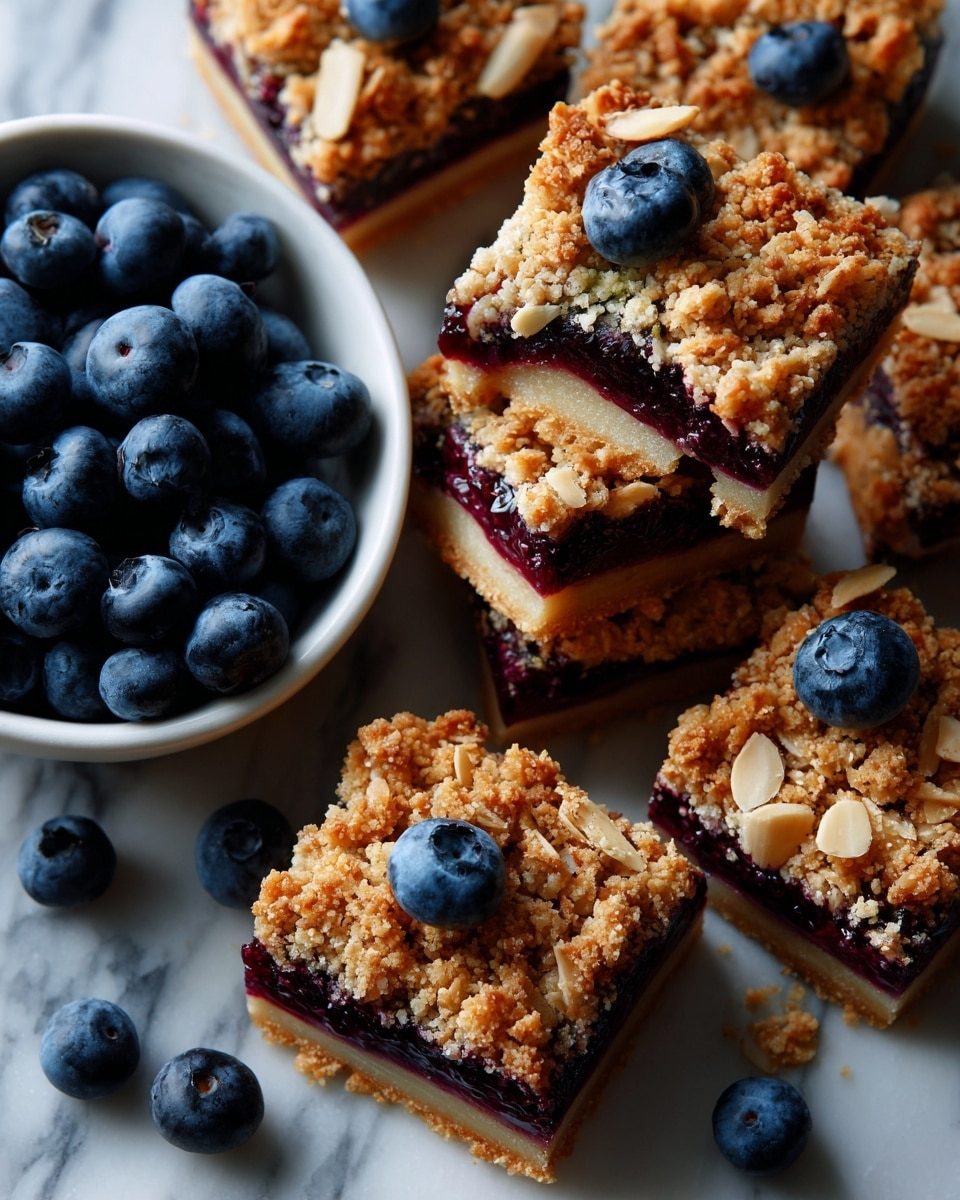 The image shows a close-up of a group of square blueberry crumble bars arranged closely on a white marbled surface. Each bar has three layers: a dark purple, juicy blueberry filling in the middle, a golden-brown crumbly oat topping with small chunks of crumble scattered unevenly, and a light base layer visible at the edges. Some bars are topped with whole fresh blueberries. On the left side, there is a small white bowl filled with plump blueberries. A few loose blueberries and some blueberry juice stains can be seen around the bars on the surface. photo taken with an iphone --ar 4:5 --v 7