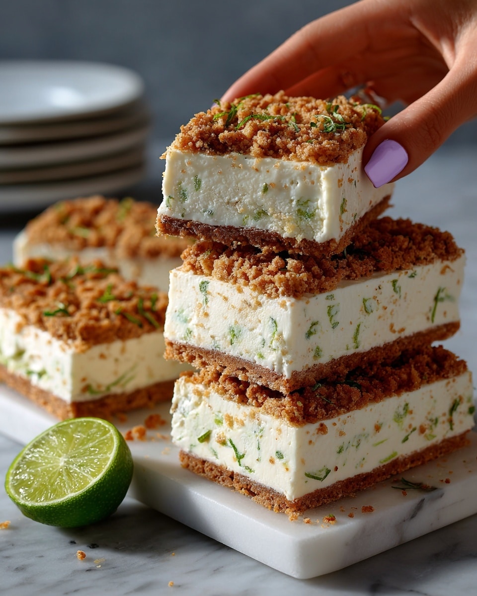 A close-up view of three stacks of ice cream sandwiches placed on a white rectangular plate with a white marbled surface underneath. Each sandwich has three layers: a thick creamy white ice cream layer with small green specks running through the center, a light brown crumbly cookie layer on top, and a matching cookie layer on the bottom. The stacks show the sandwiches neatly piled one on top of the other. To the left of the plate, a halved fresh green lime is set on the white marbled surface. A woman's hand with light purple painted nails holds the top sandwich from the top of the right middle stack. The background is plain and grayish. photo taken with an iphone --ar 4:5 --v 7
