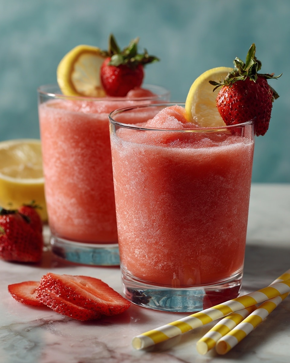 Two glasses filled with a pink frozen drink that looks smooth and icy. Each glass has a thick scoop of the drink above the rim, with a yellow and white striped straw in each. The glasses sit on a white marbled surface, with a fresh strawberry and a lemon wedge placed on the rim of each glass. Three sliced strawberries lie next to the glass on the left, and two extra yellow and white striped straws rest near the glass on the right. The background is soft light blue. Photo taken with an iphone --ar 4:5 --v 7