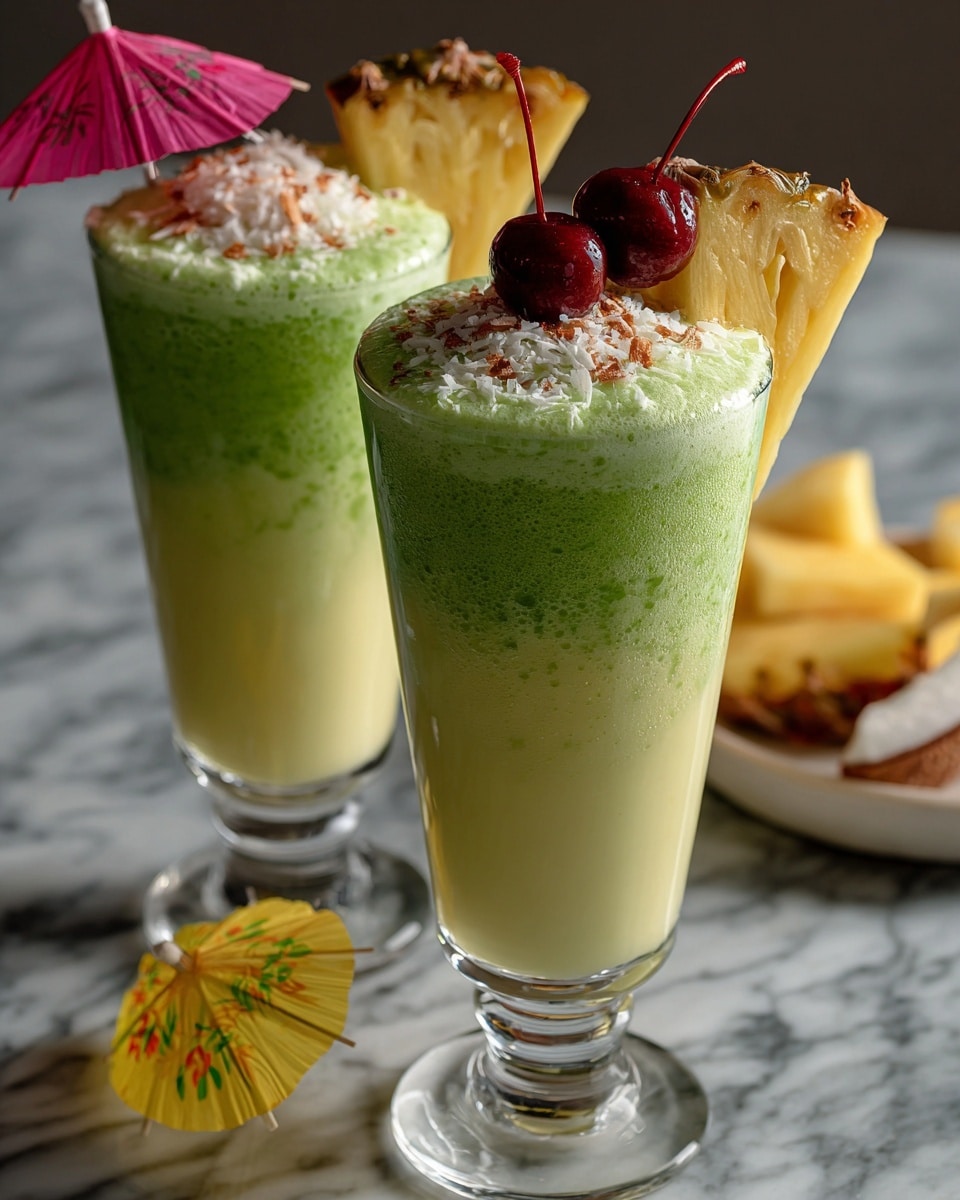 Two tall clear glasses with three layers in each: the bottom layer is light yellow and creamy, the middle layer is bright green with small ice cubes, and the top layer is frothy white with a foamy texture. Each glass is decorated with a fresh yellow pineapple slice on the rim and a colorful paper umbrella, one pink and the other yellow. One glass also has a dark red cherry on top. The glasses stand on a white marbled surface with a soft light shining on them. photo taken with an iphone --ar 4:5 --v 7