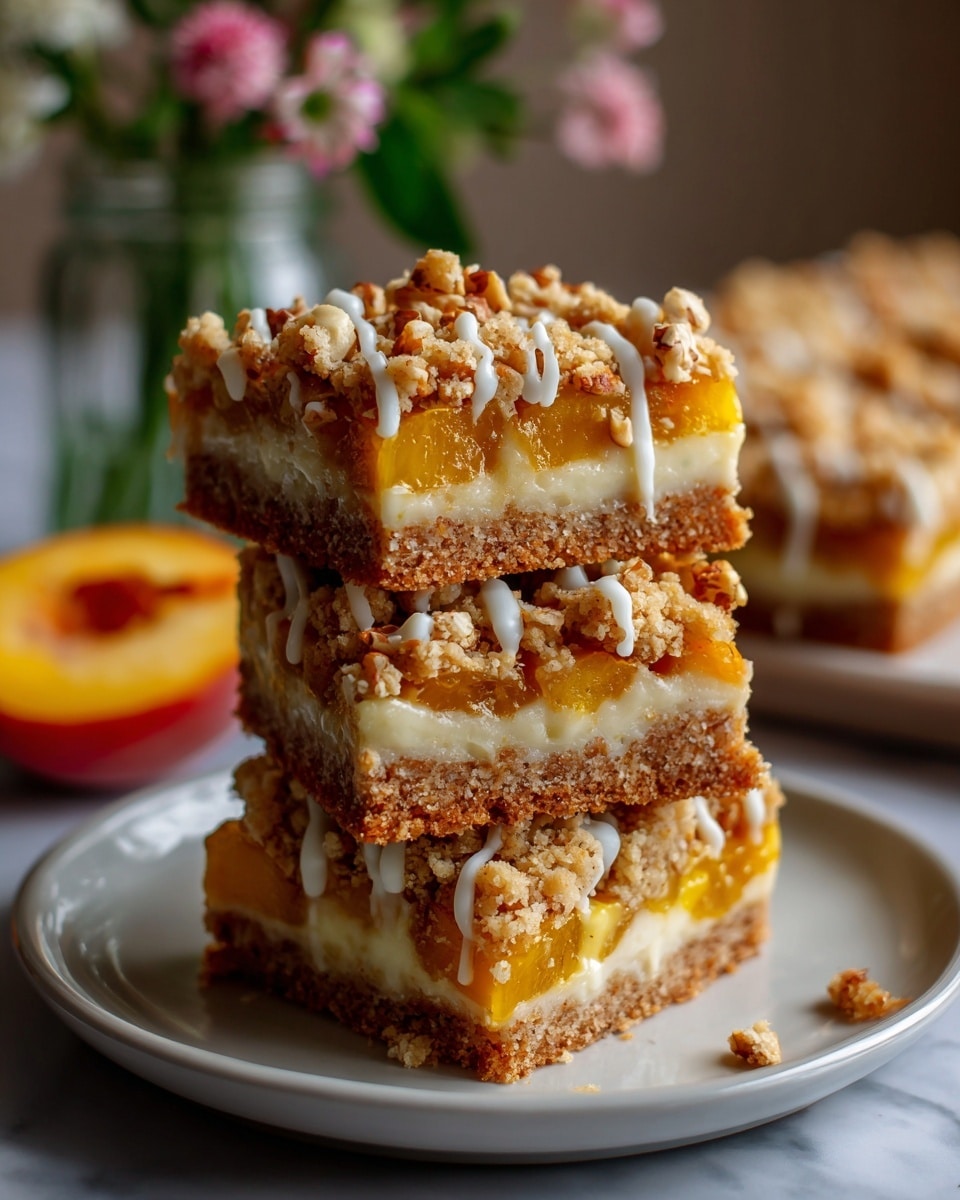 A stack of three square fruit crumble bars is shown on a small white plate. Each bar has three visible layers: the bottom crust is a light brown, firm and crumbly base; the middle layer is filled with bright orange peach chunks that look juicy and soft; the top layer is a golden-brown oat crumble sprinkled with sliced almonds and drizzled with white icing. The bars are set against a soft beige background with a blurred half peach on the left side and a few crumbs scattered on the white marbled surface. Photo taken with an iphone --ar 4:5 --v 7