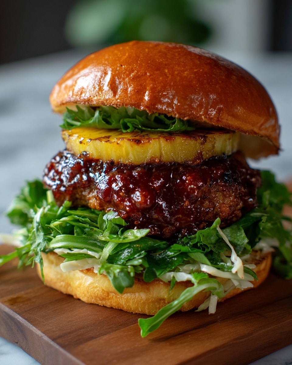 A close-up of a burger showing four main layers: at the bottom, a shiny, soft, golden brown bun, followed by a layer of fresh light green and white shredded lettuce. Above the lettuce, there is a thick, juicy patty with a shiny sauce that glistens, showing textures of meat and small bits of seasoning. On top of the patty, there is a slice of grilled pineapple with a slightly caramelized, golden yellow surface. The top layer is a smooth, shiny, and soft golden brown bun. The burger is set against a white marbled surface. photo taken with an iphone --ar 4:5 --v 7