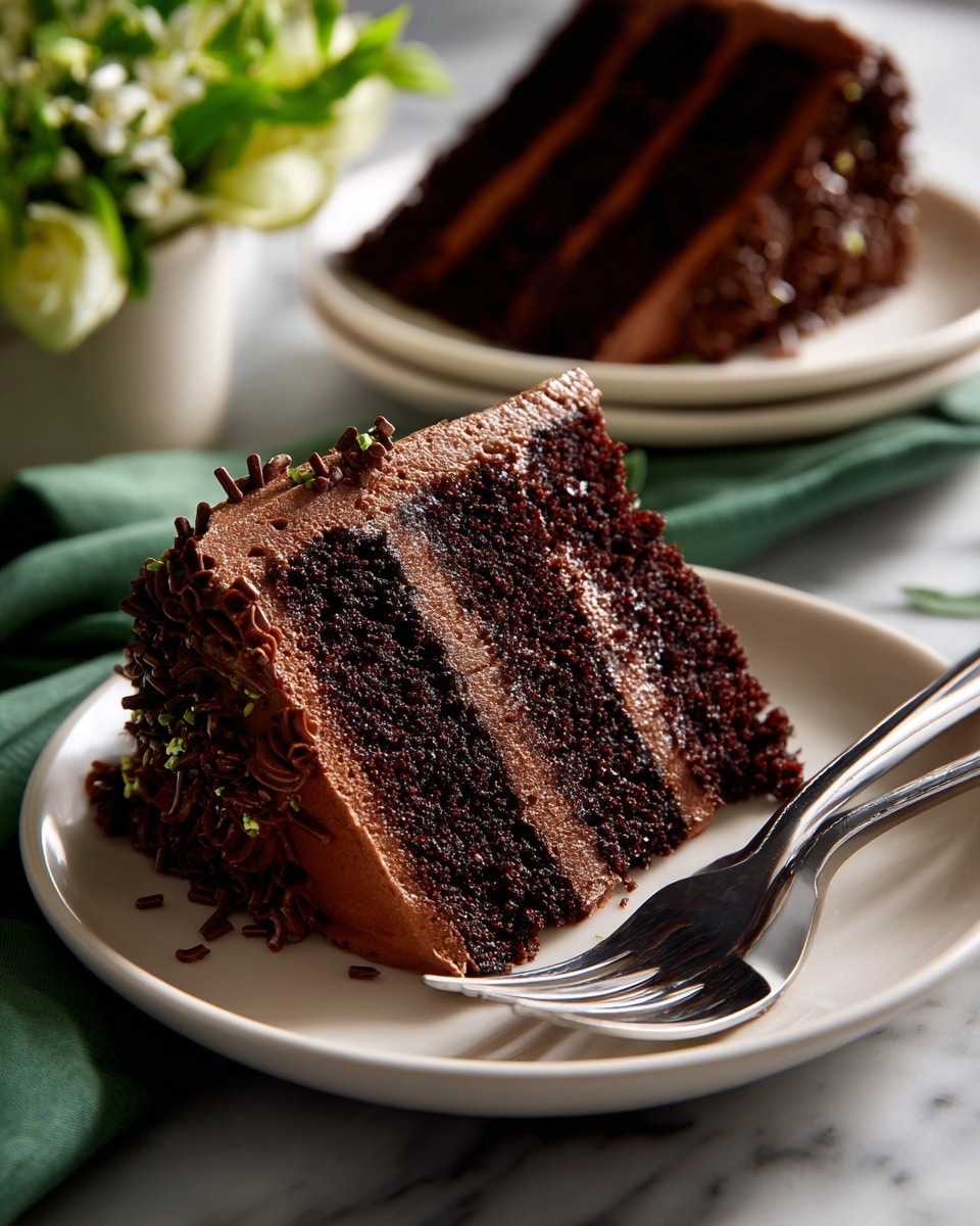 A slice of three-layer chocolate cake is placed on a white plate on a white marbled surface. The cake layers are dark brown and moist, separated by two thick layers of smooth, medium-brown chocolate frosting. The outside of the cake is also covered with the same frosting, decorated with slightly wavy swirls and chocolate sprinkles on top. A silver fork holds a small piece of the cake with frosting, positioned near the top right corner of the slice. Part of another white plate with cake is visible in the top right corner, and a green cloth and a white pot with green leaves and white flowers are faintly seen in the background. Photo taken with an iphone --ar 4:5 --v 7