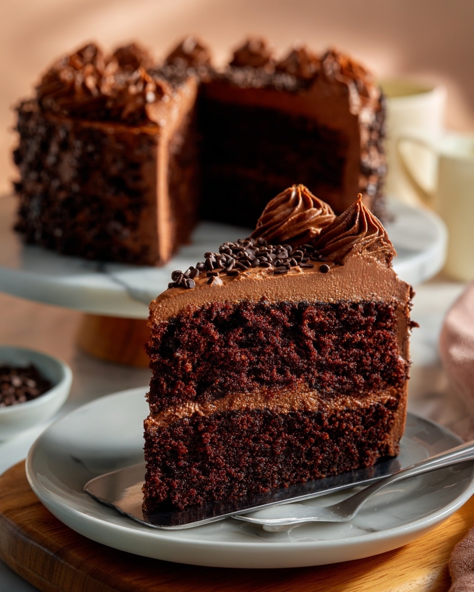A rich chocolate cake with two thick dark brown layers, each layer soft and moist with visible small chocolate bits. Between the layers is a smooth, medium-dark chocolate frosting. The outside of the cake is covered in a thick, even layer of dark chocolate frosting with a slightly textured, creamy finish. On top, there are decorative swirls of the same dark chocolate frosting and small dark chocolate sprinkles scattered over them. The cake slice is held on a metal cake server, resting on a white marble cake stand with a wooden base. The background and surface show a white marbled texture with a soft, blurred light tone, and a green cloth is seen partially in the corner. Photo taken with an iphone --ar 4:5 --v 7