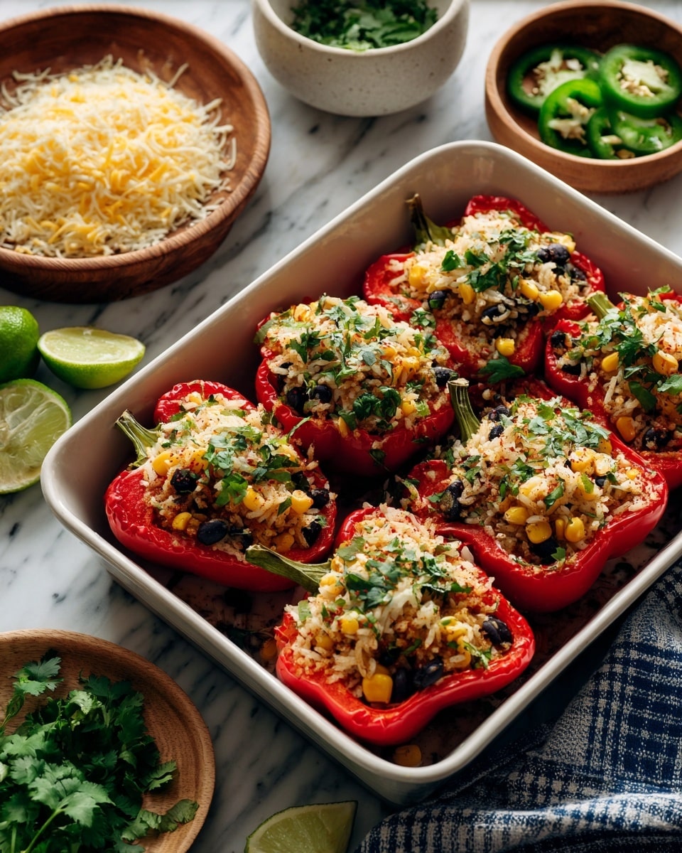 A white baking dish holds six red bell peppers, each cut in half and filled with a mix of rice, black beans, corn, and chopped green herbs. The filling looks fresh and colorful with white rice, black beans, yellow corn kernels, and green bits scattered evenly inside each pepper. Around the dish, there is a wooden bowl filled with shredded yellow cheese, a small brown bowl with sliced green jalapeños, a halved lime, and some fresh cilantro on a white marbled surface. A woman's hand is not visible, and a blue and white checkered cloth is placed near the dish. photo taken with an iphone --ar 4:5 --v 7