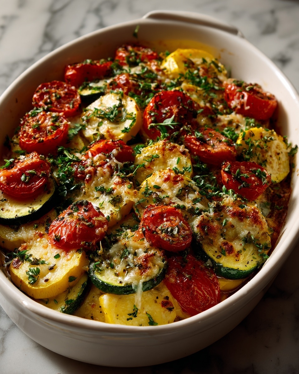 The dish is a colorful mix of several cooked vegetables arranged in a single layer inside a white baking dish. The vegetables include round slices of green zucchini with a smooth, slightly glossy texture, yellow squash with similar shape and texture yet bright yellow color, and halved tomatoes with a rich red hue and slightly wrinkled skin from roasting. Each vegetable piece is topped with a thin layer of melted light golden cheese that is bubbly and slightly browned in spots, sprinkled with small green herb flakes evenly spread across the surface. The dish sits on a background that looks like white marble, enhancing the vibrant colors of the vegetables. photo taken with an iphone --ar 4:5 --v 7