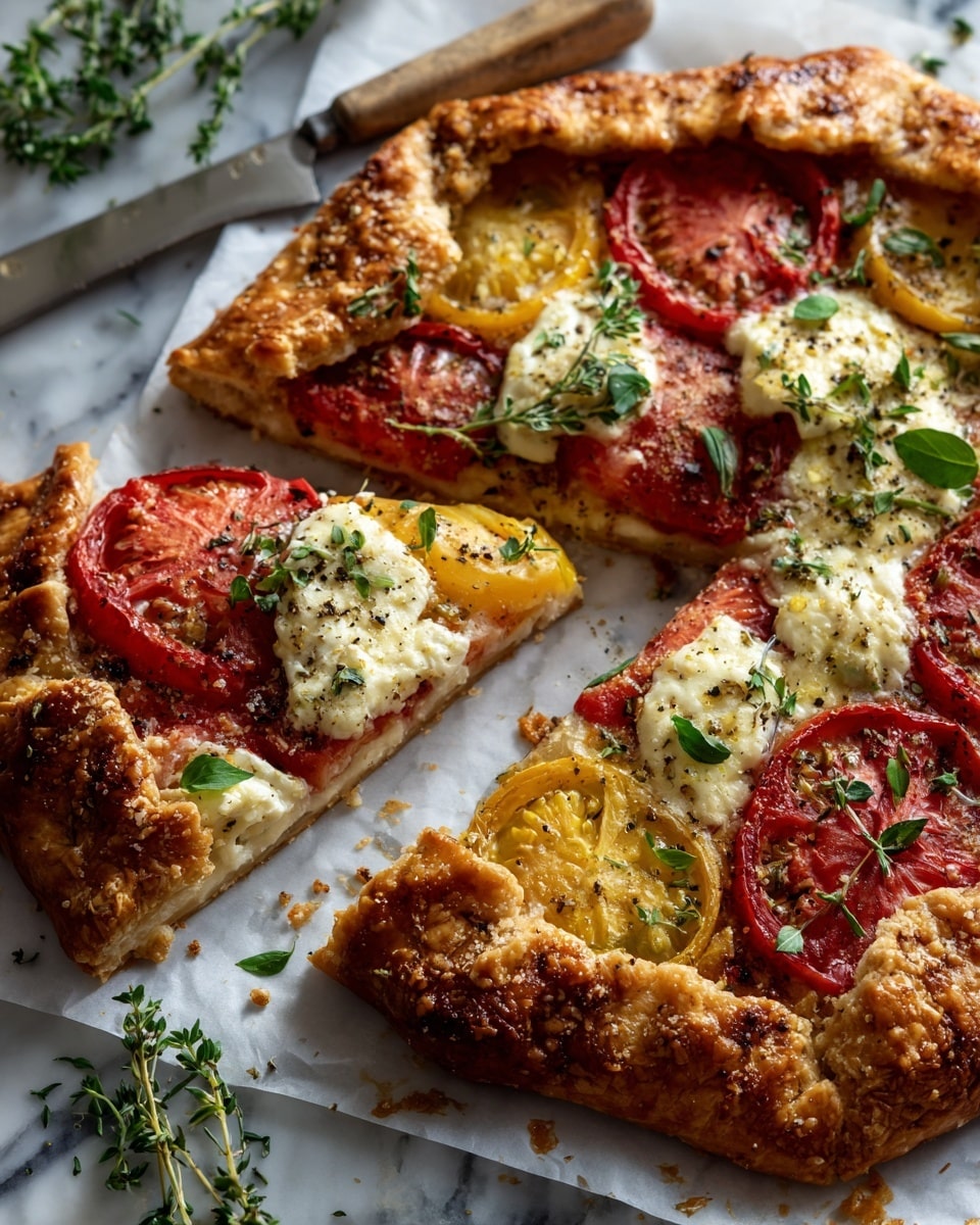 A round galette with a golden, thick crust folded unevenly over the edges, showing a filling of layered, colorful sliced tomatoes in red, yellow, and orange tones, scattered with small white chunks of cheese and roasted garlic cloves. Fresh green basil leaves and small sprigs of thyme are spread on top, adding a pop of green. One slice is slightly pulled out from the rest, revealing the juicy texture of the tomatoes inside. The galette sits on a white marbled surface with some crumbs and herbs around it, and a knife is nearby. Photo taken with an iphone --ar 4:5 --v 7