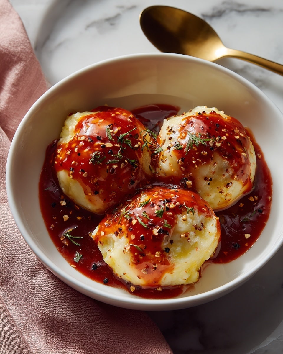 Three yellow soft dumplings sit inside a white bowl, each dumpling covered with shiny red sauce that looks thick and slightly sticky. The dumplings are round and smooth with slightly uneven edges, and the sauce drips over parts of them. There are small dark sprinkles, possibly spice flakes, scattered across the dumplings and sauce. The bowl rests on a white marbled surface with a hint of a pink cloth and a gold spoon beside it. The whole image is bright and clear, showing the textures of the dumplings and sauce well photo taken with an iphone --ar 4:5 --v 7