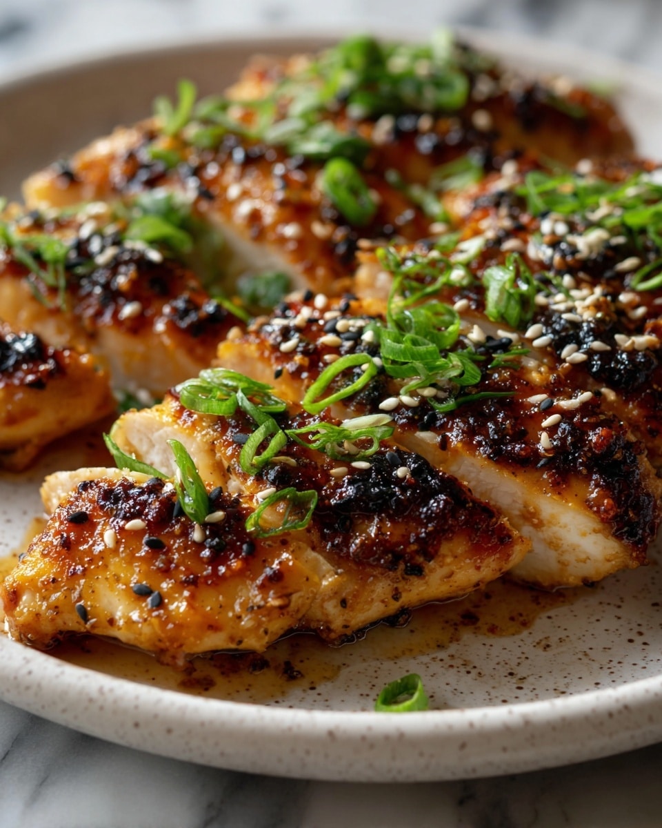 Close-up of three grilled chicken slices placed side by side on a white plate with a speckled design, each slice glowing with a golden-brown color and slightly charred edges. The chicken is coated with a shiny, sticky sauce that adds a rich caramelized texture. Small white and black sesame seeds are scattered evenly over the chicken. Fresh green onion rings are spread across the chicken, adding bright pops of color on top. The plate rests on a surface with a white marbled texture. photo taken with an iphone --ar 4:5 --v 7