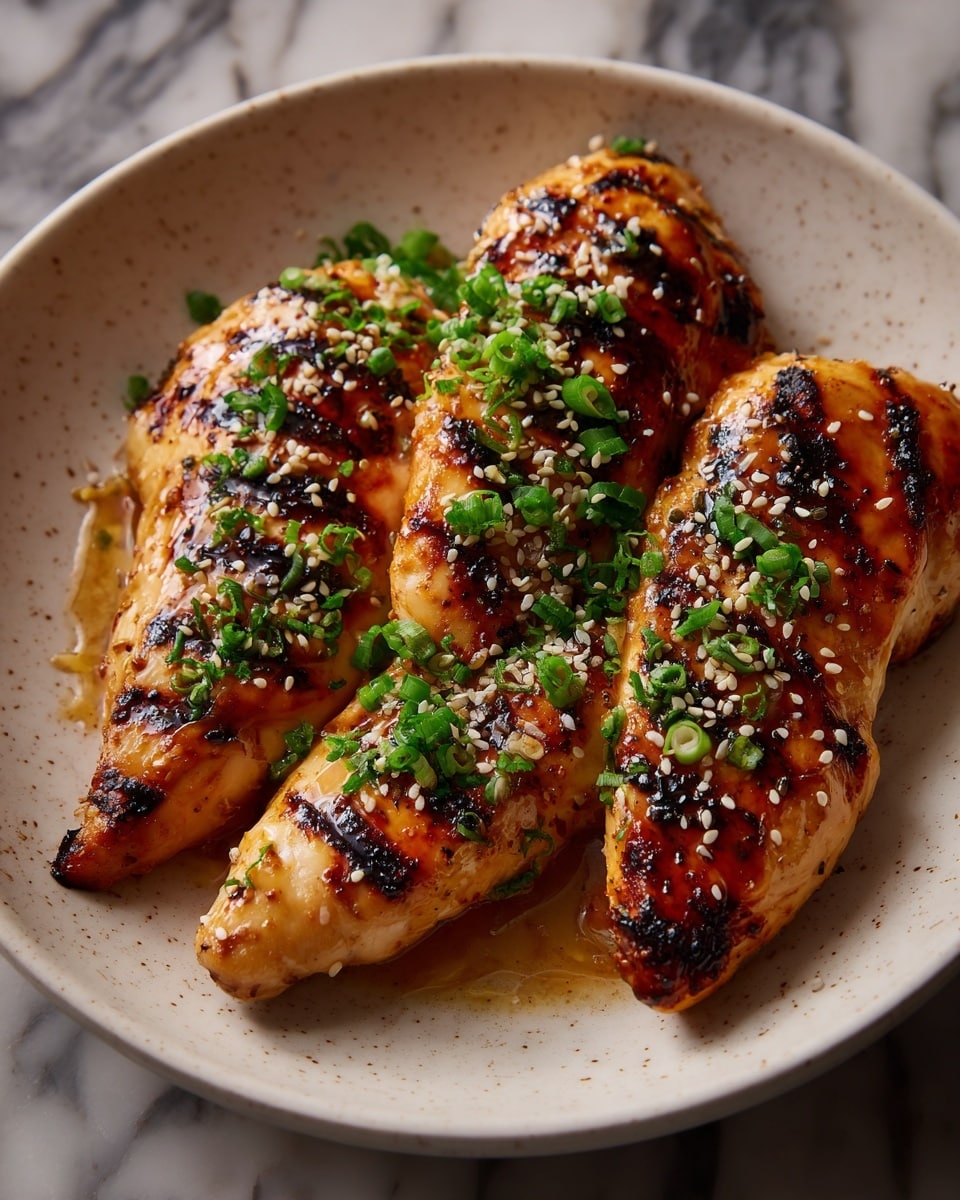 Three pieces of golden brown grilled chicken lie close together on a white speckled plate set on a white marbled surface. The chicken has a slightly charred texture with glossy areas showing a sticky glaze. The top is sprinkled with small white and black sesame seeds and bright green rings of chopped spring onions, evenly scattered, adding a fresh contrast. The chicken skin looks crispy in some parts, and the chicken is thick in the middle, tapering to thinner edges. photo taken with an iphone --ar 4:5 --v 7