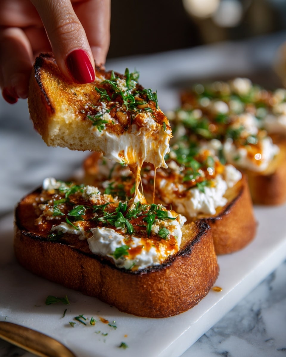 A close-up of a slice of golden toasted bread held by a woman's hand with red-painted nails, dipped into a creamy white layer covered with swirls of orange-colored sauce and sprinkled with small green herb pieces. The creamy layer has a smooth texture with peaks and valleys where the bread has scooped it up, and the sauce drips slightly from the bread. The dish is on a white marbled surface with soft natural lighting. photo taken with an iphone --ar 4:5 --v 7