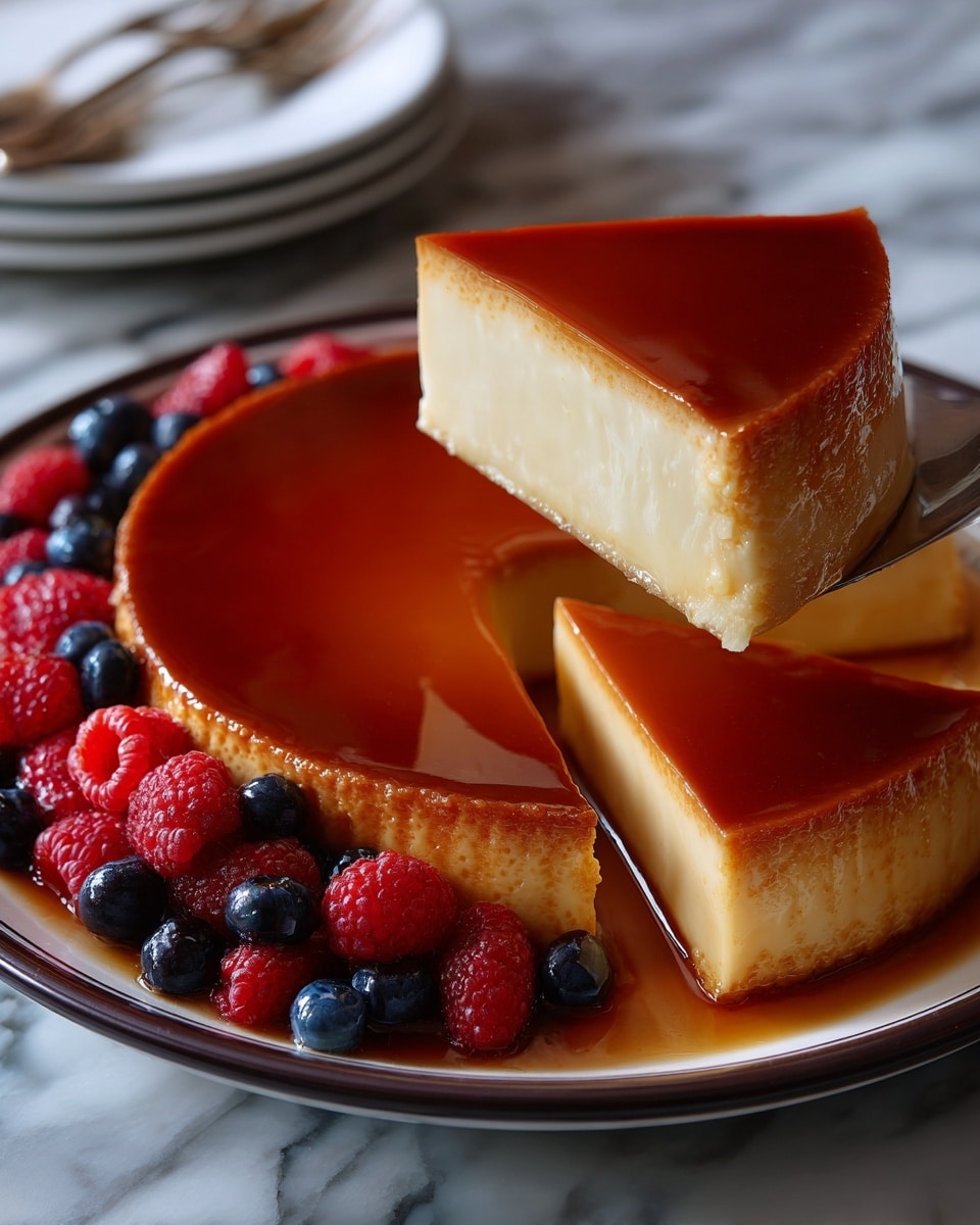 A round flan dessert with a shiny amber caramel top layer glistening smoothly, about two layers thick; the bottom layer is a pale creamy custard with a soft texture, held in a white plate. A slice is lifted out showing the clean edges of the custard and caramel layers. Fresh red raspberries, blueberries, and small pieces of strawberry are placed on one side of the flan, adding bright red and blue color contrast. The background is a white marbled surface. Photo taken with an iphone --ar 4:5 --v 7