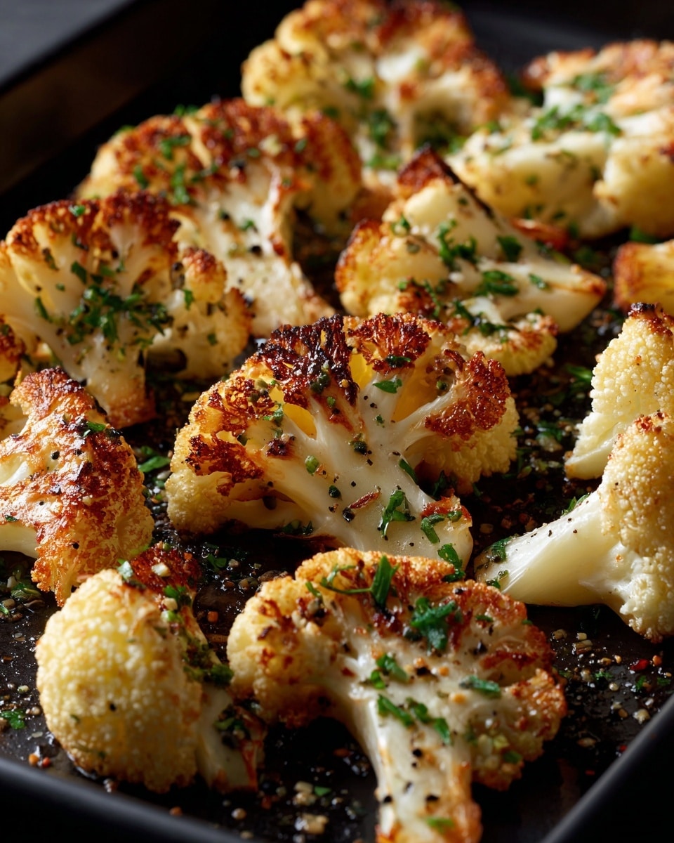 The image shows many roasted cauliflower slices spread out closely on a dark black pan. Each slice is well cooked with golden brown and slightly charred edges, giving a crispy texture look. The cauliflower pieces have a mix of white and warm orange tones from the roasting and spices. Small green herb bits are sprinkled over the cauliflower, adding a fresh touch to the warm colors. The surface of the pan is visible in some parts, showing a textured black background that contrasts with the bright cauliflower. photo taken with an iphone --ar 4:5 --v 7