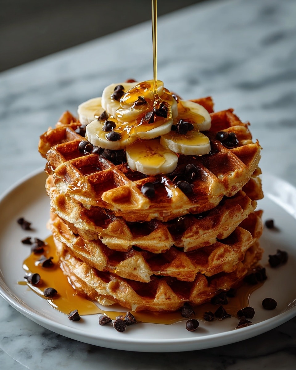 A tall stack of seven golden brown waffles is shown on a white plate, with syrup being poured over from the top, dripping down the sides. The waffles have a slightly textured surface with small golden edges and indentations. On top, three banana slices are placed, each topped with a few small dark chocolate chips. More chocolate chips are scattered across the surface of the waffles and around the plate. The background and surface are white marbled texture, giving a clean, bright look. photo taken with an iphone --ar 4:5 --v 7