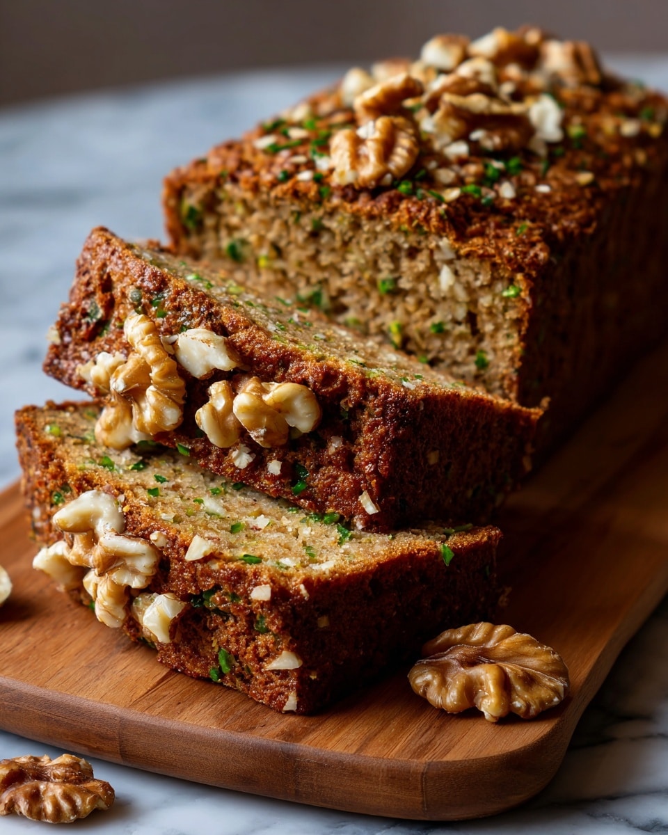 A loaf of dark brown nut bread is sliced into three pieces and stacked slightly in front of the whole loaf on a wooden board. The bread has a rough texture with small green and brown specks inside, showing the nuts and other mix-ins. Larger walnut pieces are sprinkled on top of the loaf and also visible on the slices. The background and surface have a white marbled texture, making the warm brown bread stand out. Photo taken with an iphone --ar 4:5 --v 7