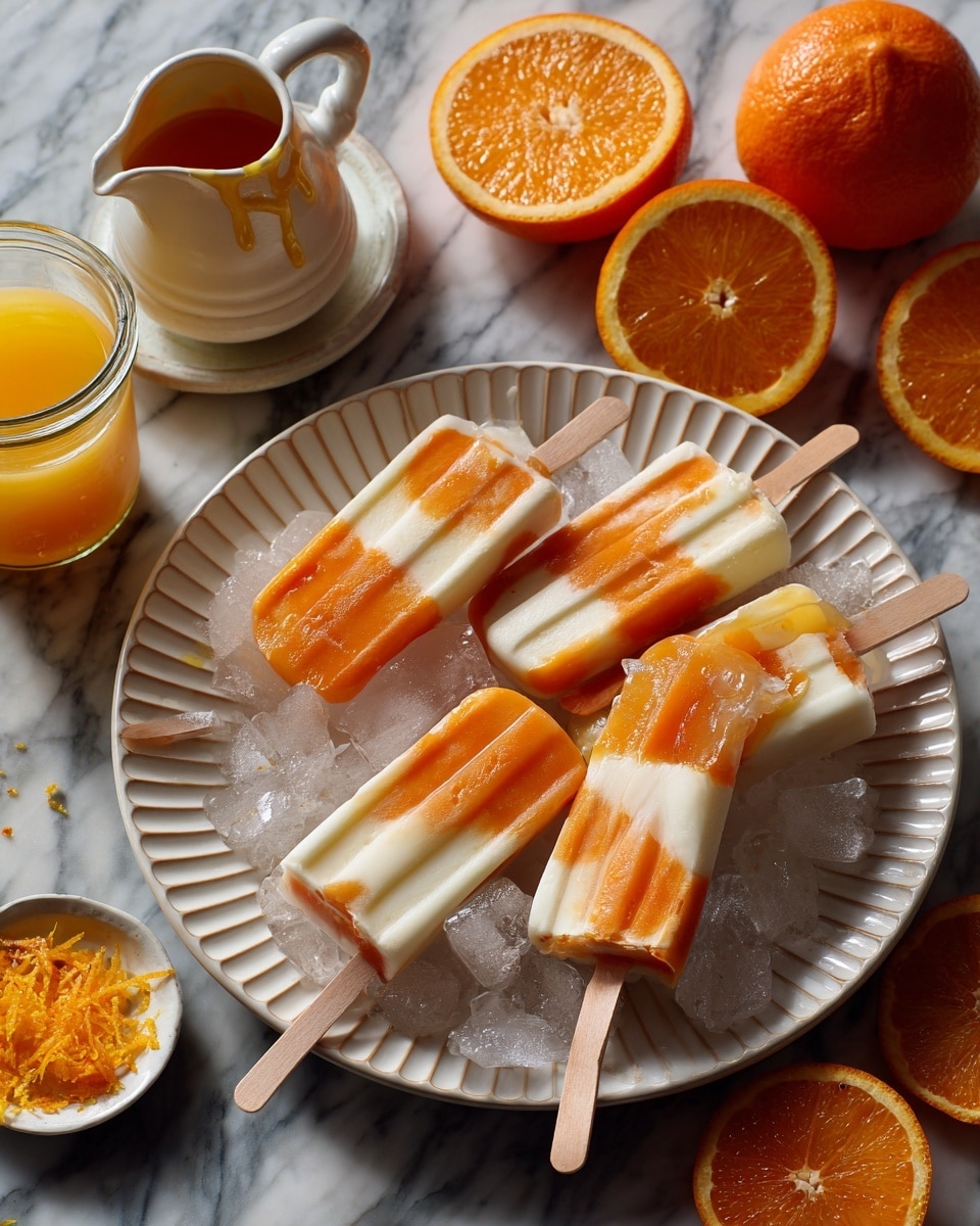 Seven orange and white layered popsicles are placed in a round white ceramic bowl filled with ice cubes. The popsicles have a creamy white base with soft orange swirls in vertical patterns, with wooden sticks at the bottom. The bowl rests on a white marbled surface and is surrounded by a small white dish holding orange zest, a sliced fresh orange, and a small cup. A jar filled with bright orange juice is also seen at the top left corner. The overall look is fresh and summery. photo taken with an iphone --ar 4:5 --v 7