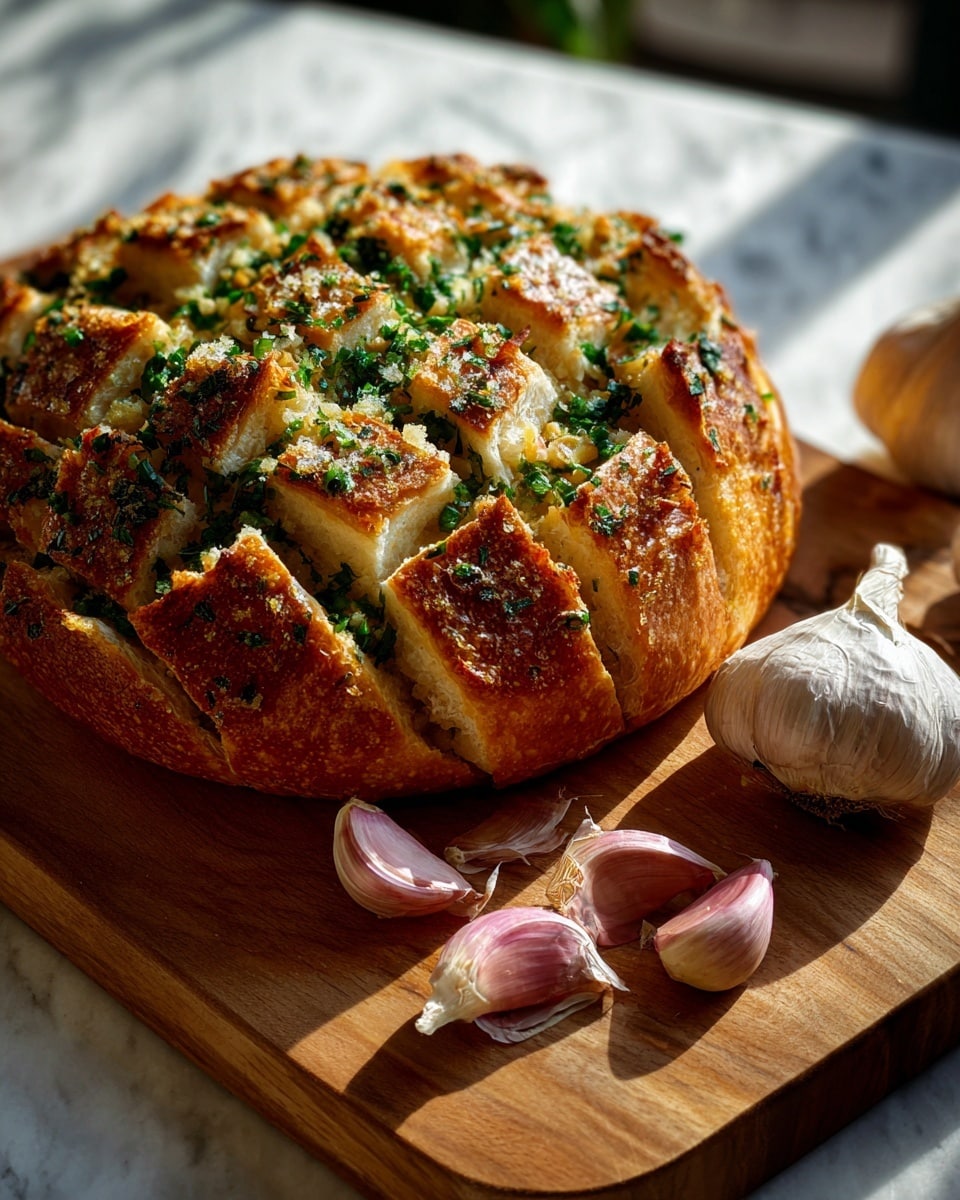 The image shows a golden brown pull-apart garlic bread loaf resting on a wooden board. The bread has several deep cuts across its top creating many thick layers with crispy edges. The surface is sprinkled with finely chopped green herbs, likely parsley, adding a fresh color contrast to the warm toasted crust. Around the board are three garlic cloves with pale purple skin. The background is a white marbled texture, and bright natural light highlights the bread's crunchy, textured exterior. Photo taken with an iphone --ar 4:5 --v 7
