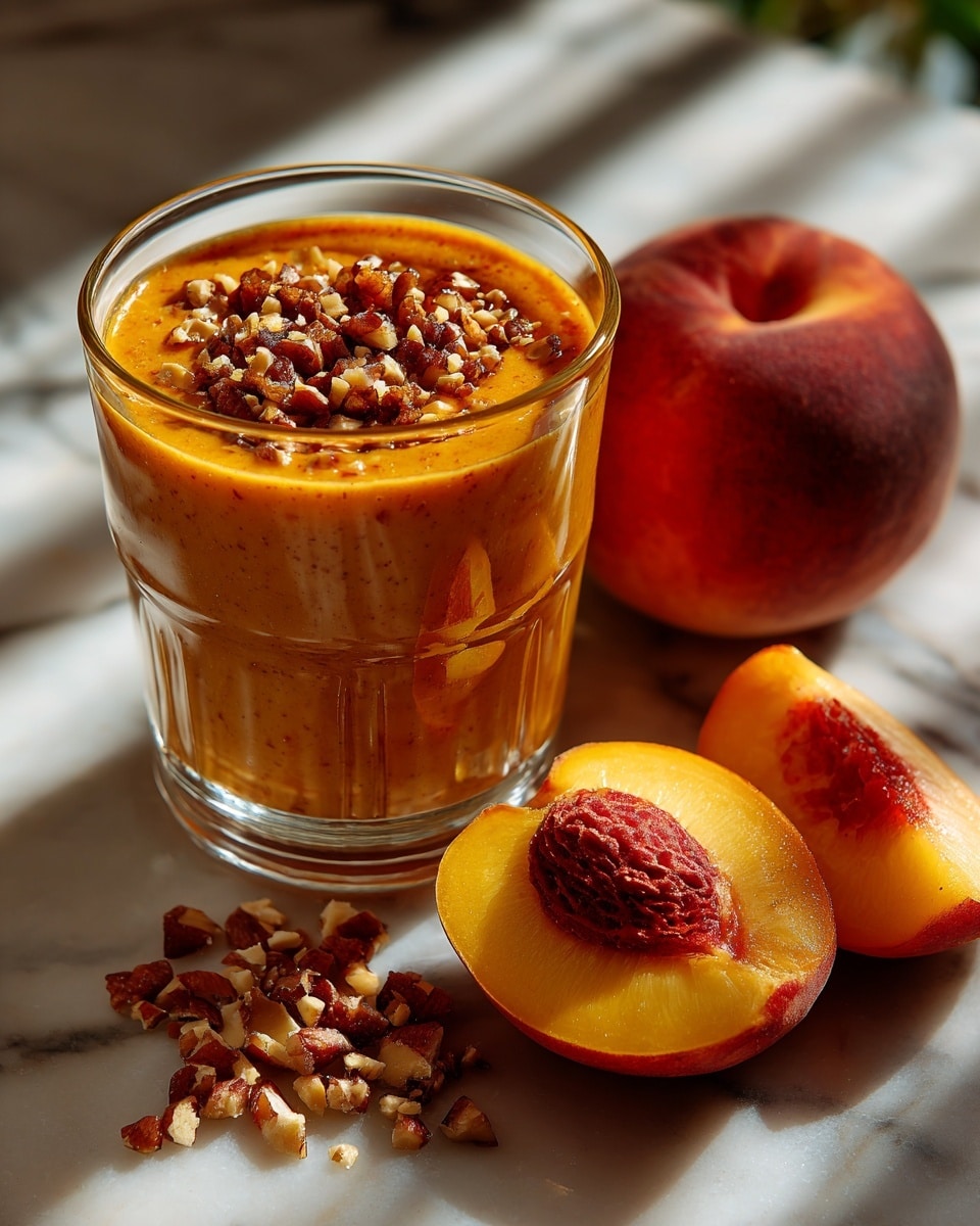 A mason jar filled with a smooth, thick orange peach smoothie sits on a white marbled surface. The smoothie is topped with small pieces of chopped nuts scattered on the surface of the drink. Beside the jar, there is a whole peach with a reddish-yellow skin and a peach half showing its yellow flesh and reddish pit center. A few chopped nuts are also spread around the base of the jar, adding texture to the scene. The light and shadows create a warm and natural feel. photo taken with an iphone --ar 4:5 --v 7